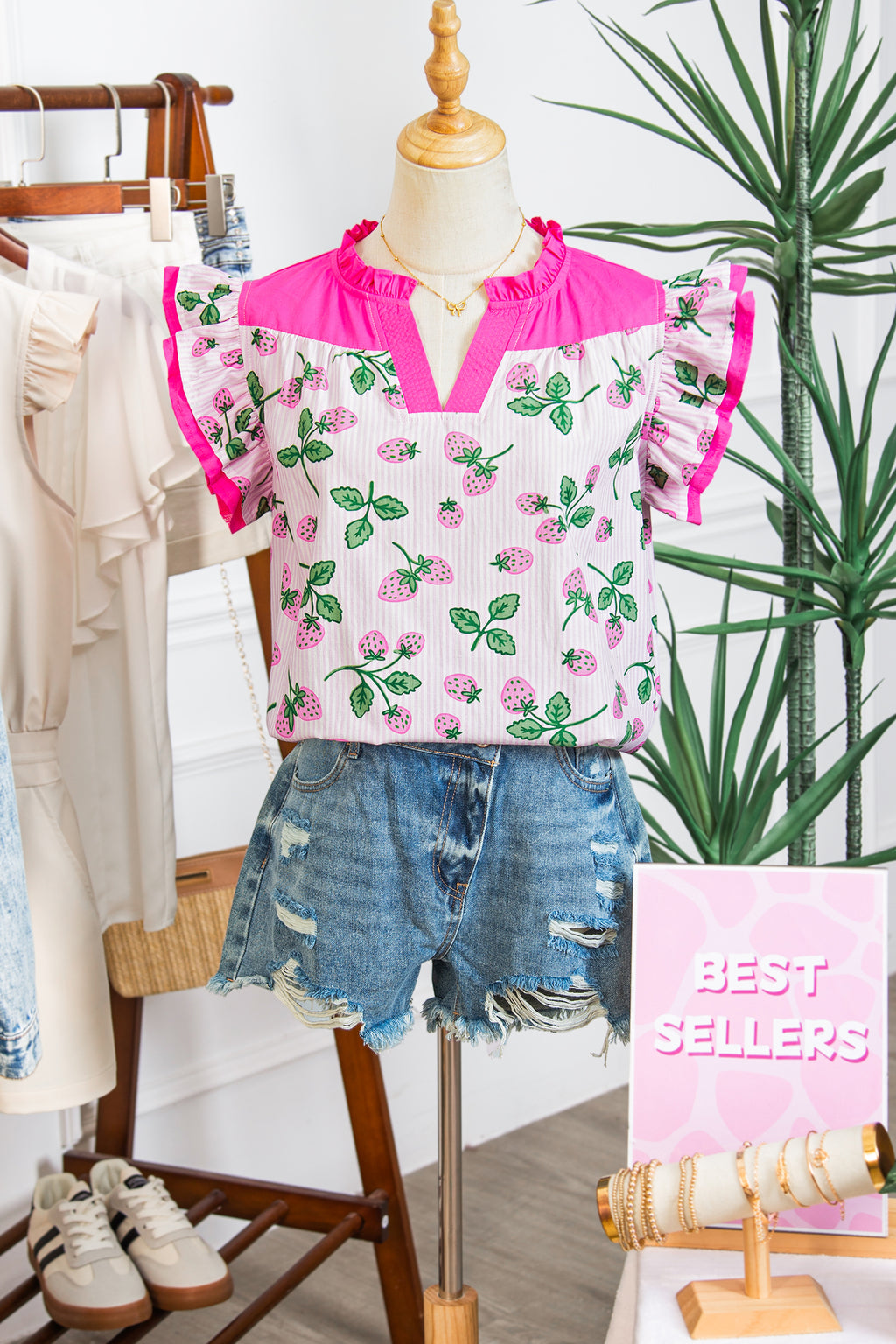 Pink Striped Strawberry Printed Color Block Patchwork V Neck Flutter Sleeve Blouse 🇺🇸