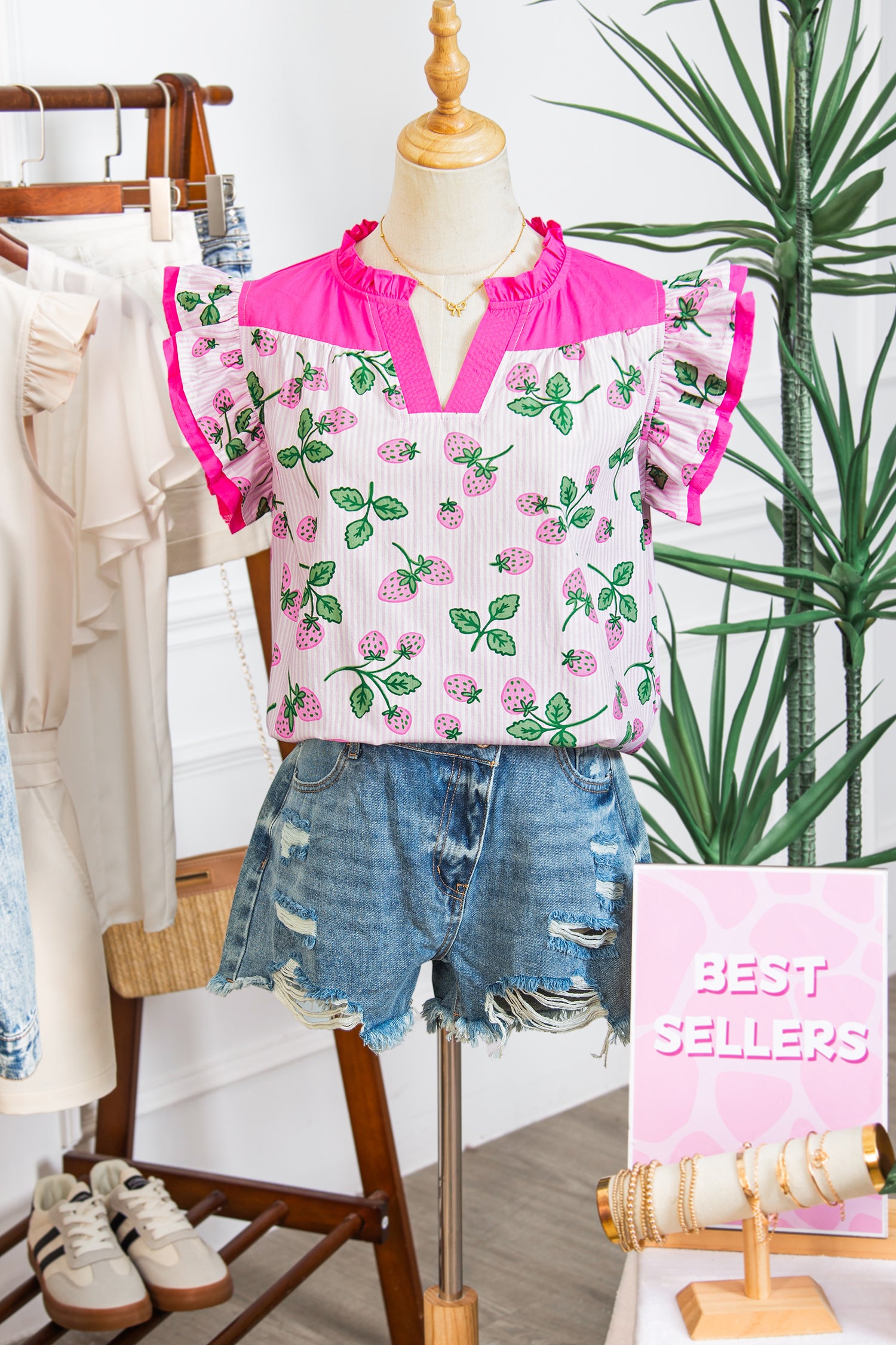 Pink Striped Strawberry Printed Color Block Patchwork V Neck Flutter Sleeve Blouse 🇺🇸