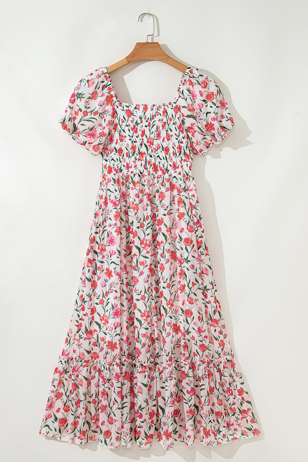 Pink Floral Puff Sleeve Square Neck Empire Waist Tiered Maxi Dress 🇨🇳