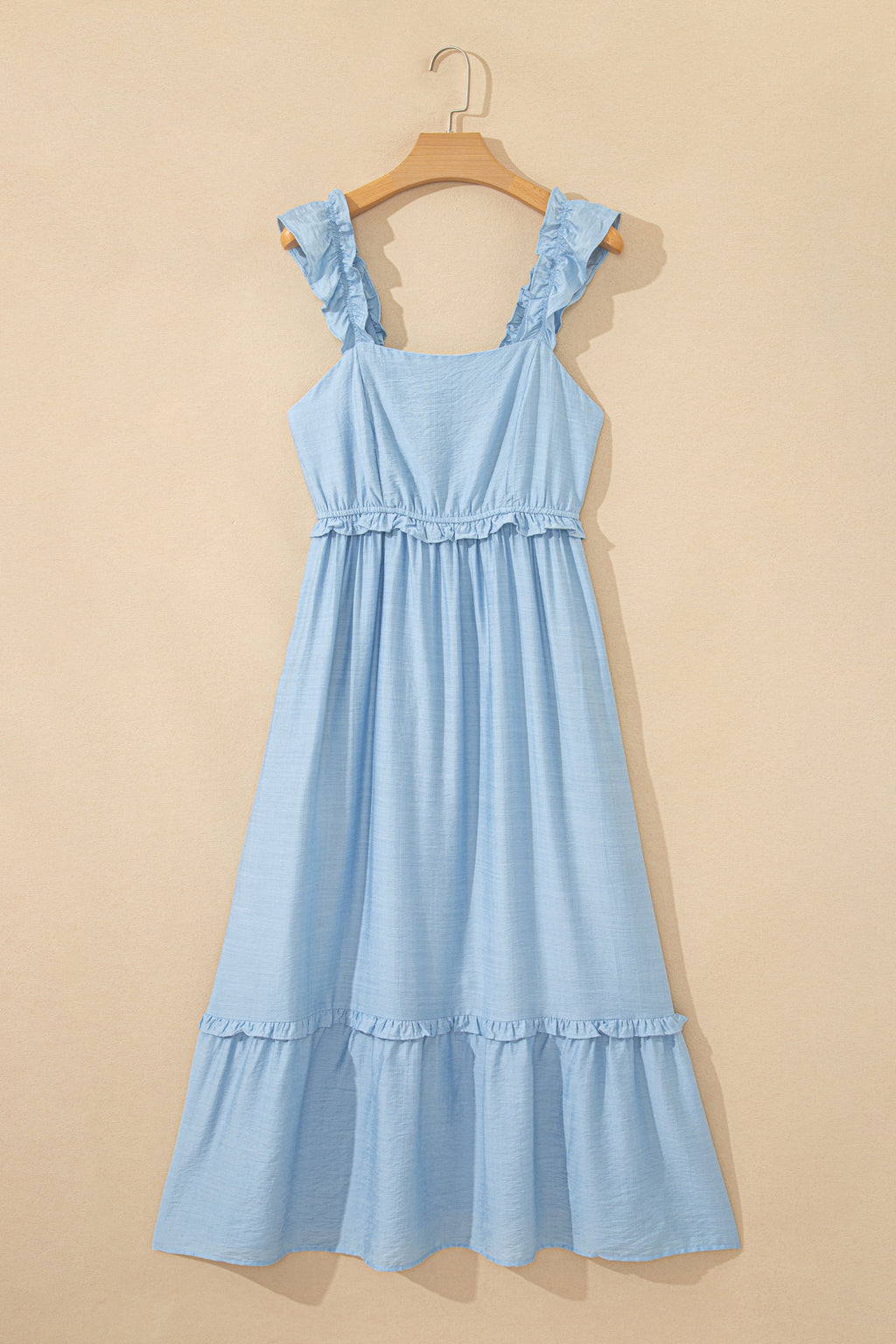 Beau Blue Solid Color Ruffle Trim High Waist Sleeveless Maxi Dress 🇺🇸