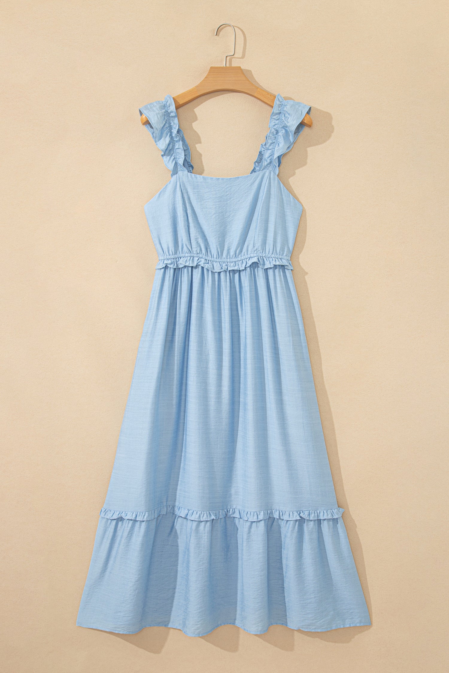 Beau Blue Solid Color Ruffle Trim High Waist Sleeveless Maxi Dress 🇺🇸