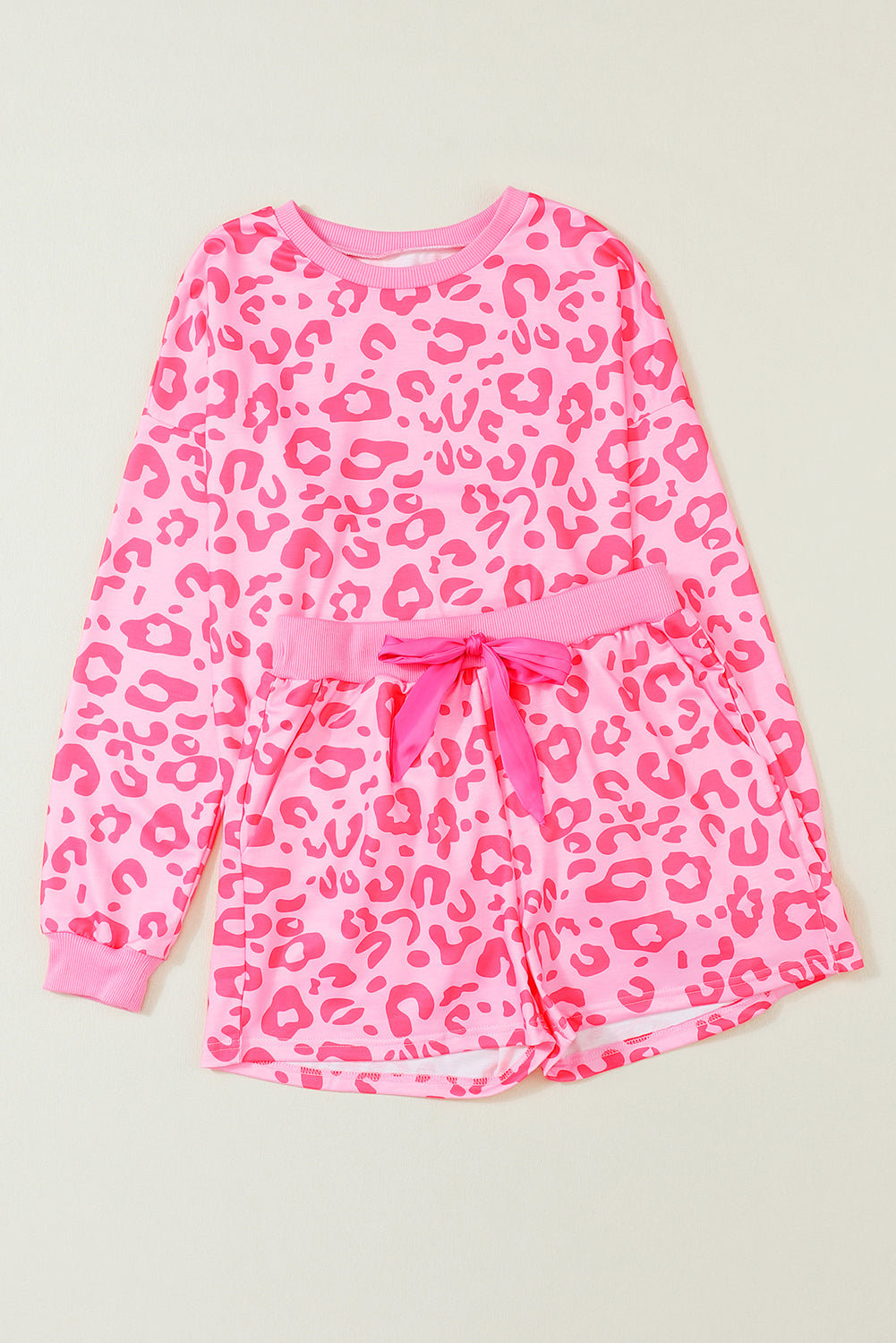 Pink Leopard Long Sleeve Satin Tie Shorts Two Piece Set 🇨🇳