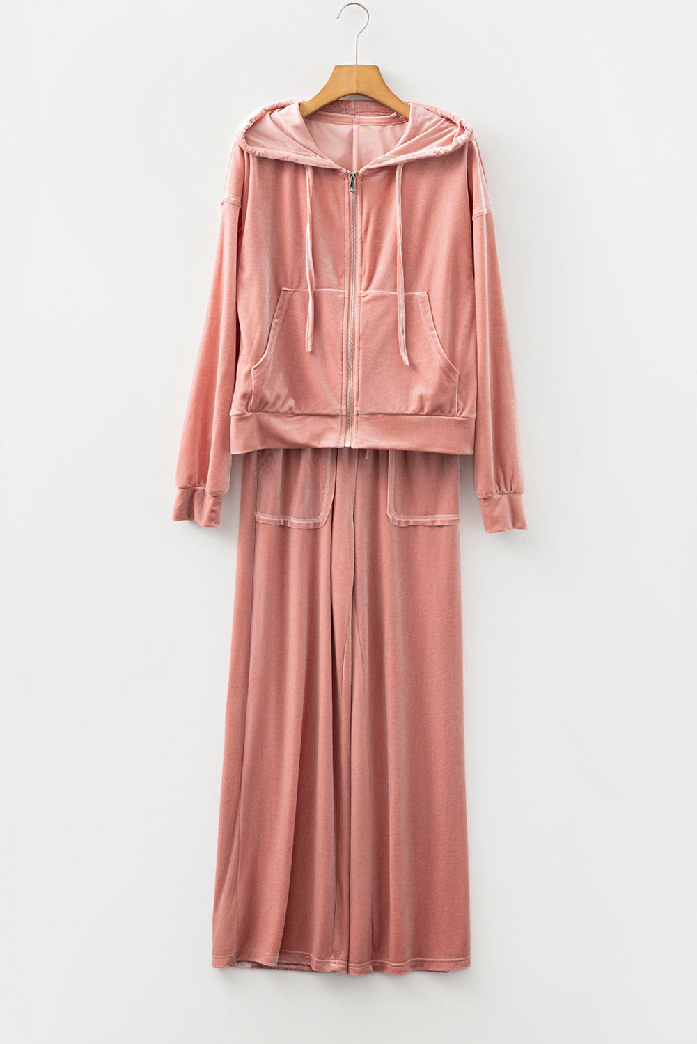 Peach Blossom Velvet Zip-up Hoodie and Wide Leg Pants Set 🇺🇸