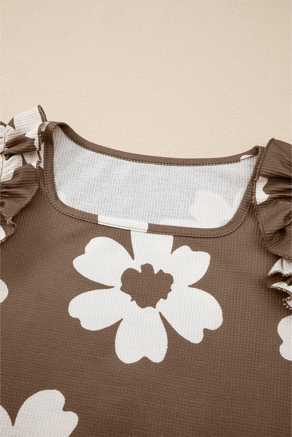 Brown Floral Textured Ruffled Short Sleeve Square Neck Blouse 🇺🇲