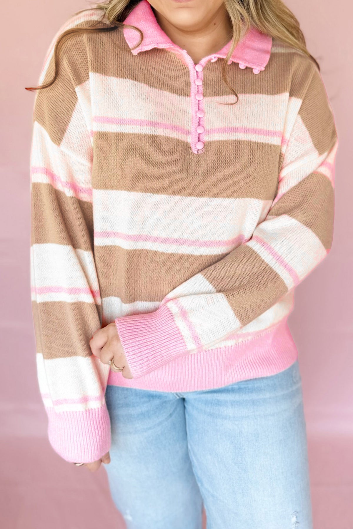 Pink Stripe Striped Colorblock V Neck Long Sleeve Tunic Sweater 🇺🇸