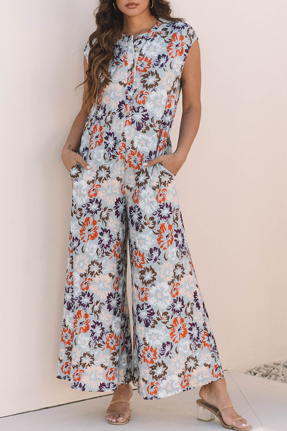 Sky Blue Floral Sleeveless Buttoned Pocketed Wide Leg Jumpsuit 🇺🇸
