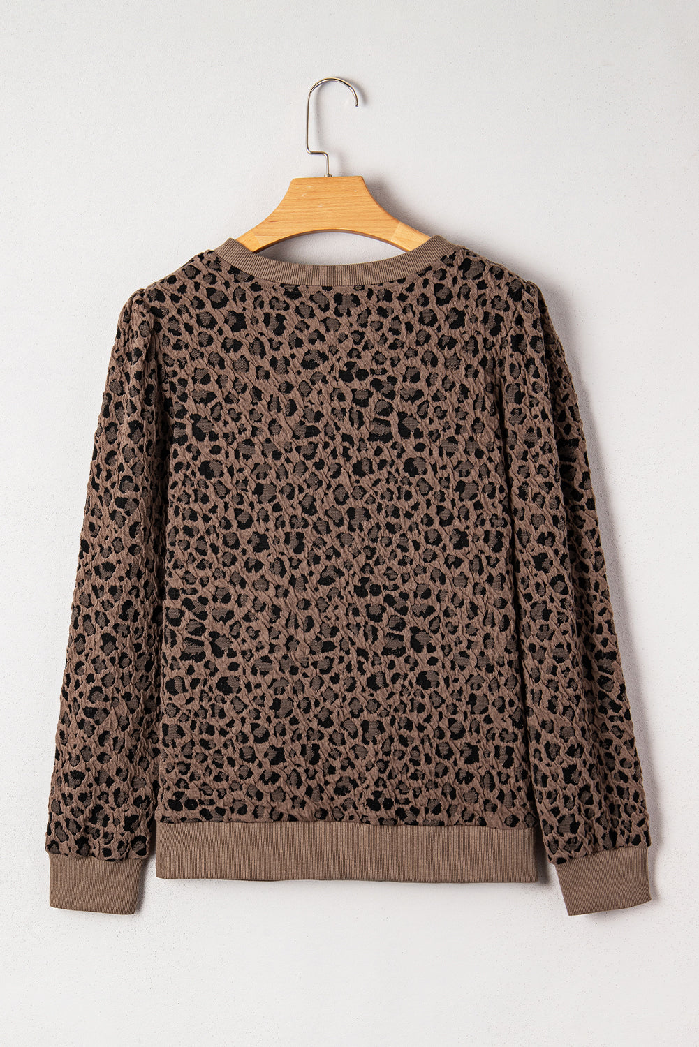 Brown Ribbed Trim Leopard Print Long Sleeve Top 🇺🇸