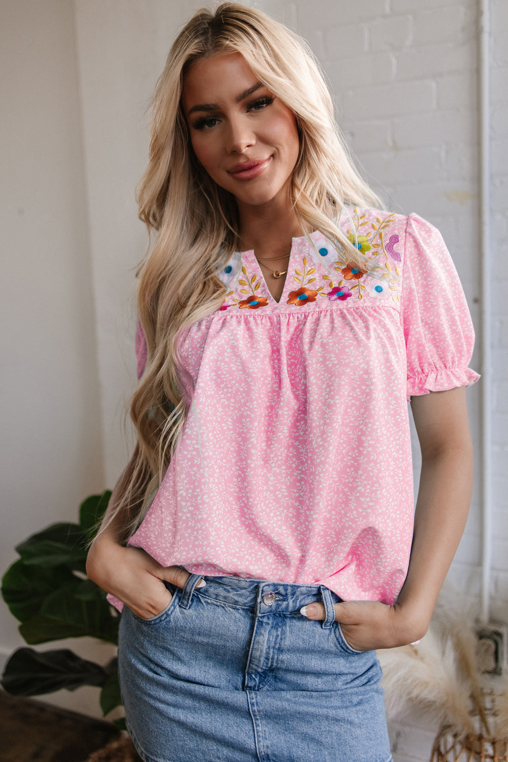 Sky Blue Floral Embroidered Puff Sleeve Notched V Neck Blouse 🇺🇸