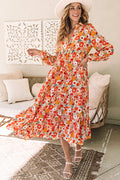 Multicolor Boho Floral Collared Long Sleeve Ruffled Dress 🇺🇸