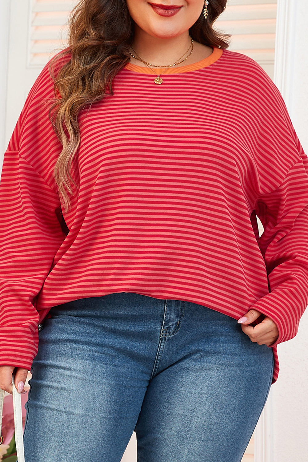Orange Stripe Plus Size Drop Shoulder Long Sleeve Buttoned Decor Top 🇨🇳