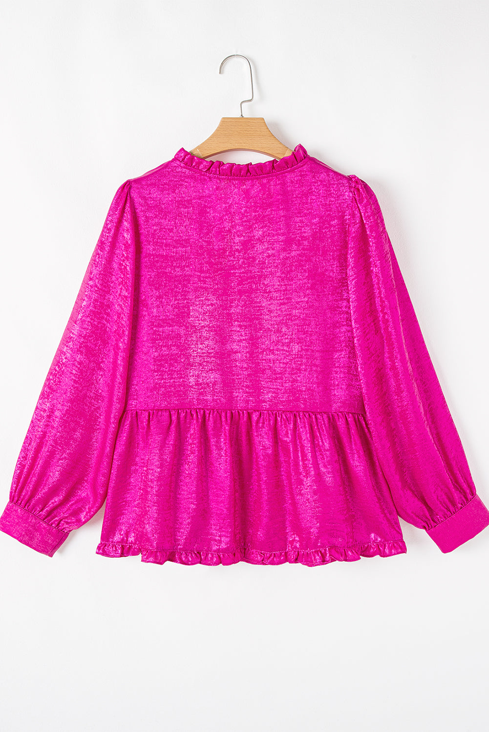Rose Red Metallic Frilled V Neck Puff Sleeve Babydoll Blouse 🇺🇲