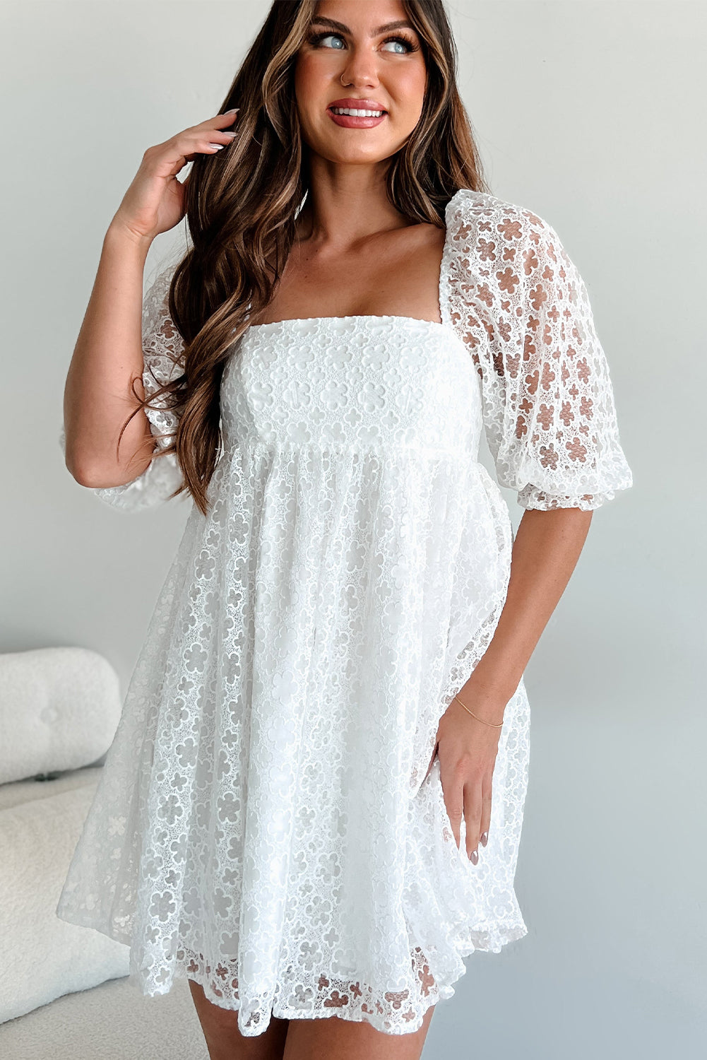 White Floral Lace Puff Sleeve Empire Waist Mini Dress 🇨🇳