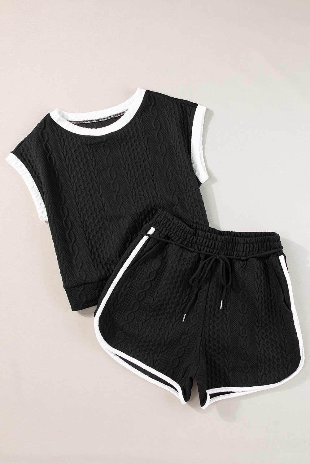 Black Contrast Trim Cable Textured Shorts Set 🇺🇸