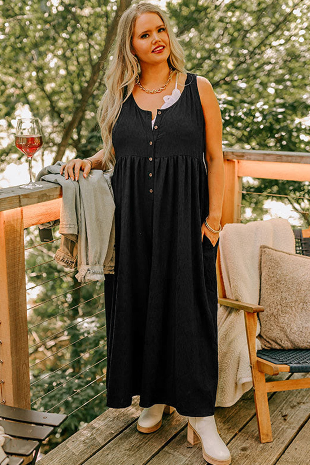 Black Plus Size Sleeveless Button Front Loose Jumpsuit 🇺🇲