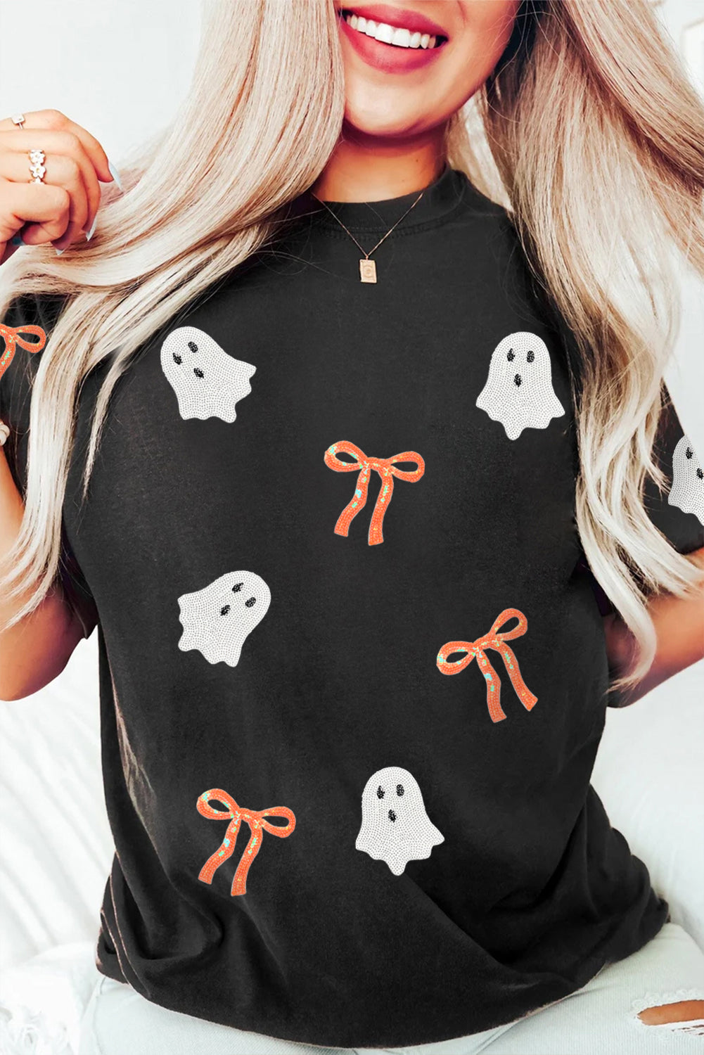Black Sequin Bow Ghost Patched Halloween Graphic Tee 🇺🇸