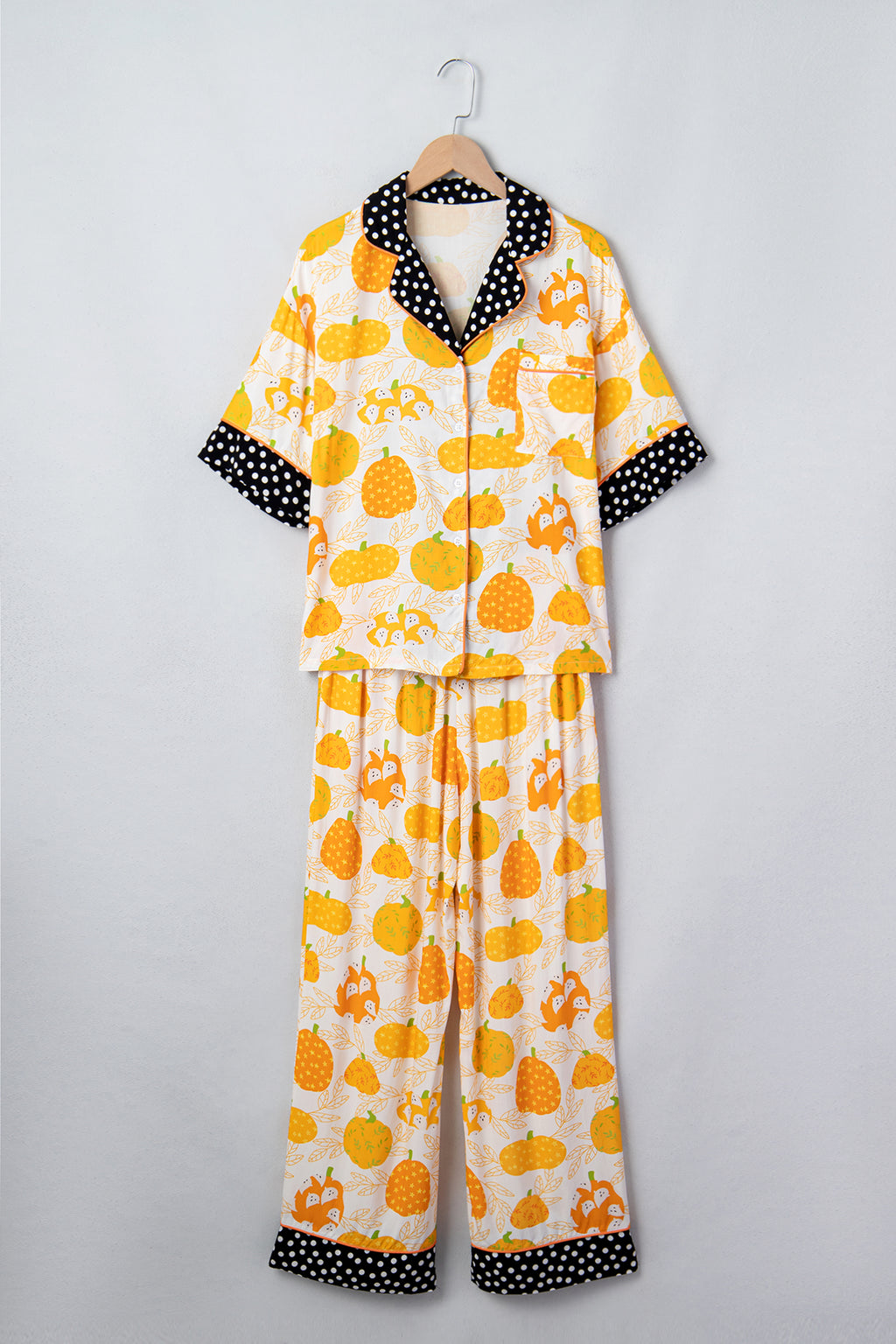 Orange Short Sleeve Pumpkin Print Polka Dot Trim Pocket Pocket Placket Lounge Set 🇺🇸