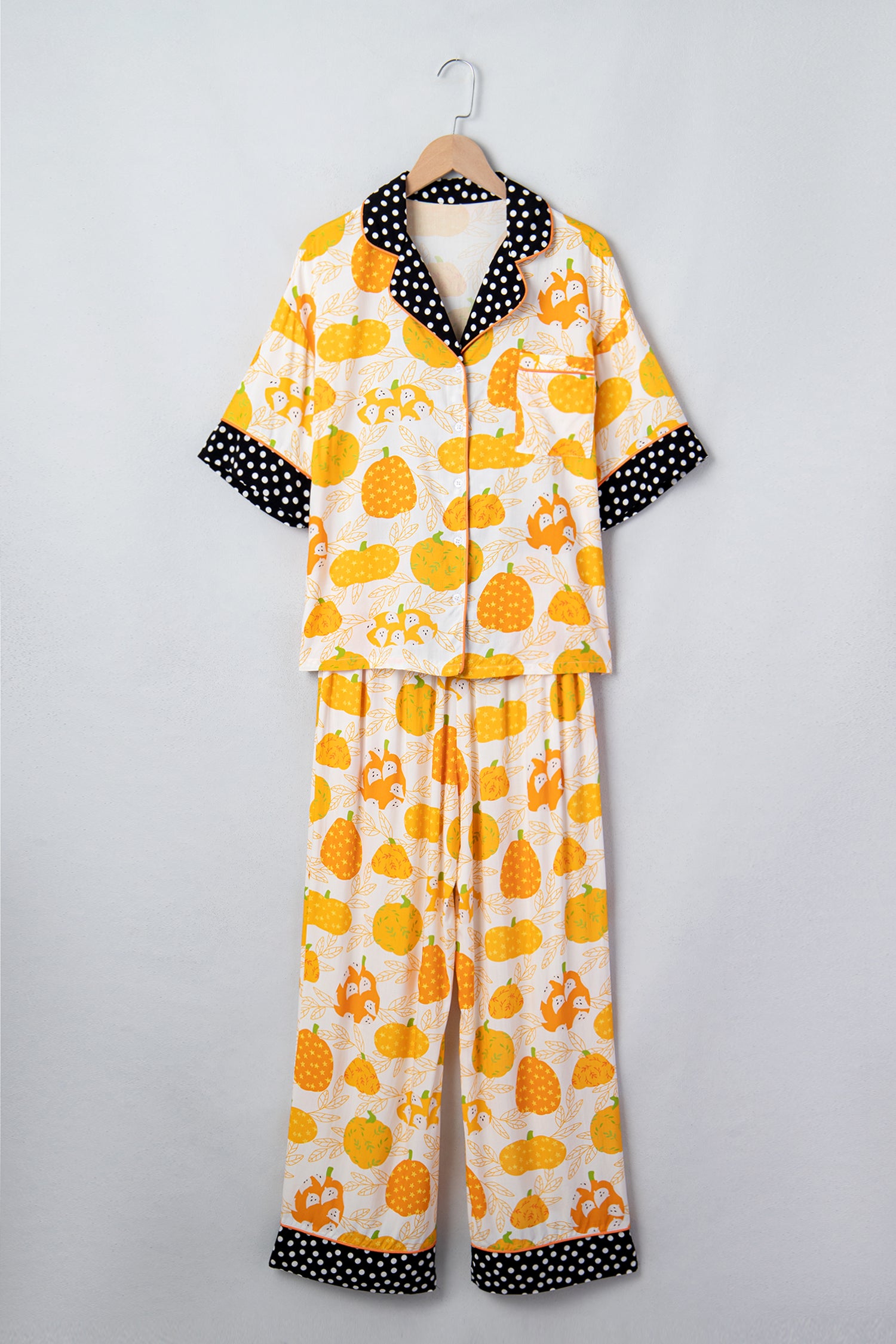 Orange Short Sleeve Pumpkin Print Polka Dot Trim Pocket Pocket Placket Lounge Set 🇺🇸