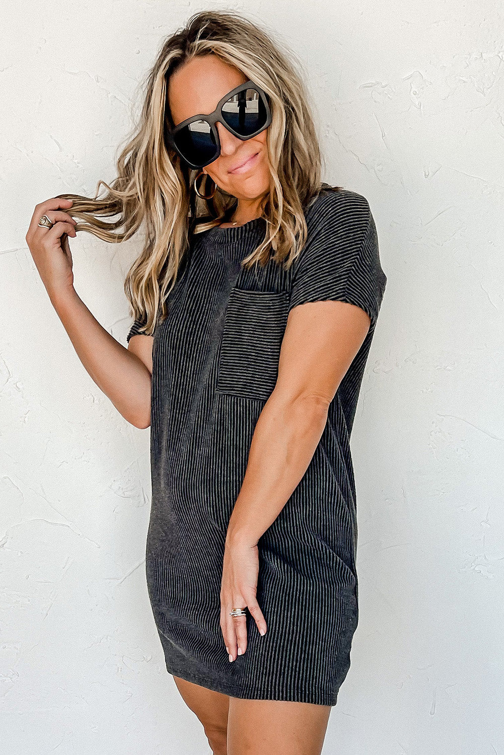 Gray Striped Ribbed Knit T-shirt Shift Dress 🇨🇳
