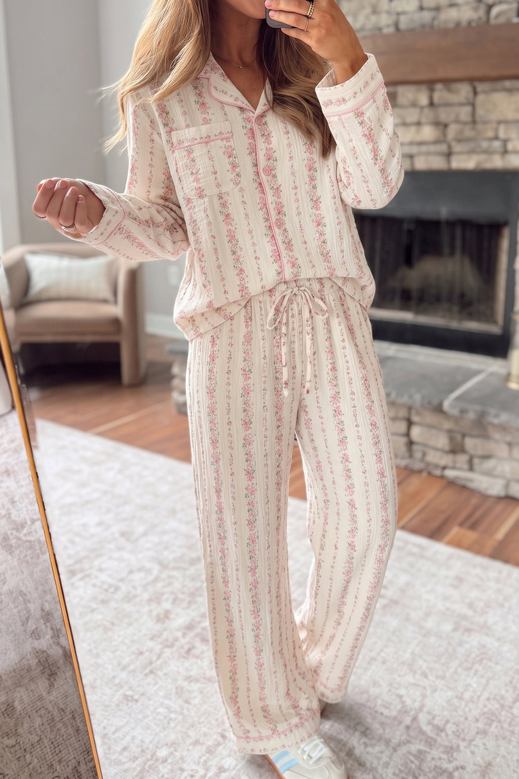 Pink Floral Print Long Sleeve Button Front Shirt Pajama Pant Set 🇺🇸