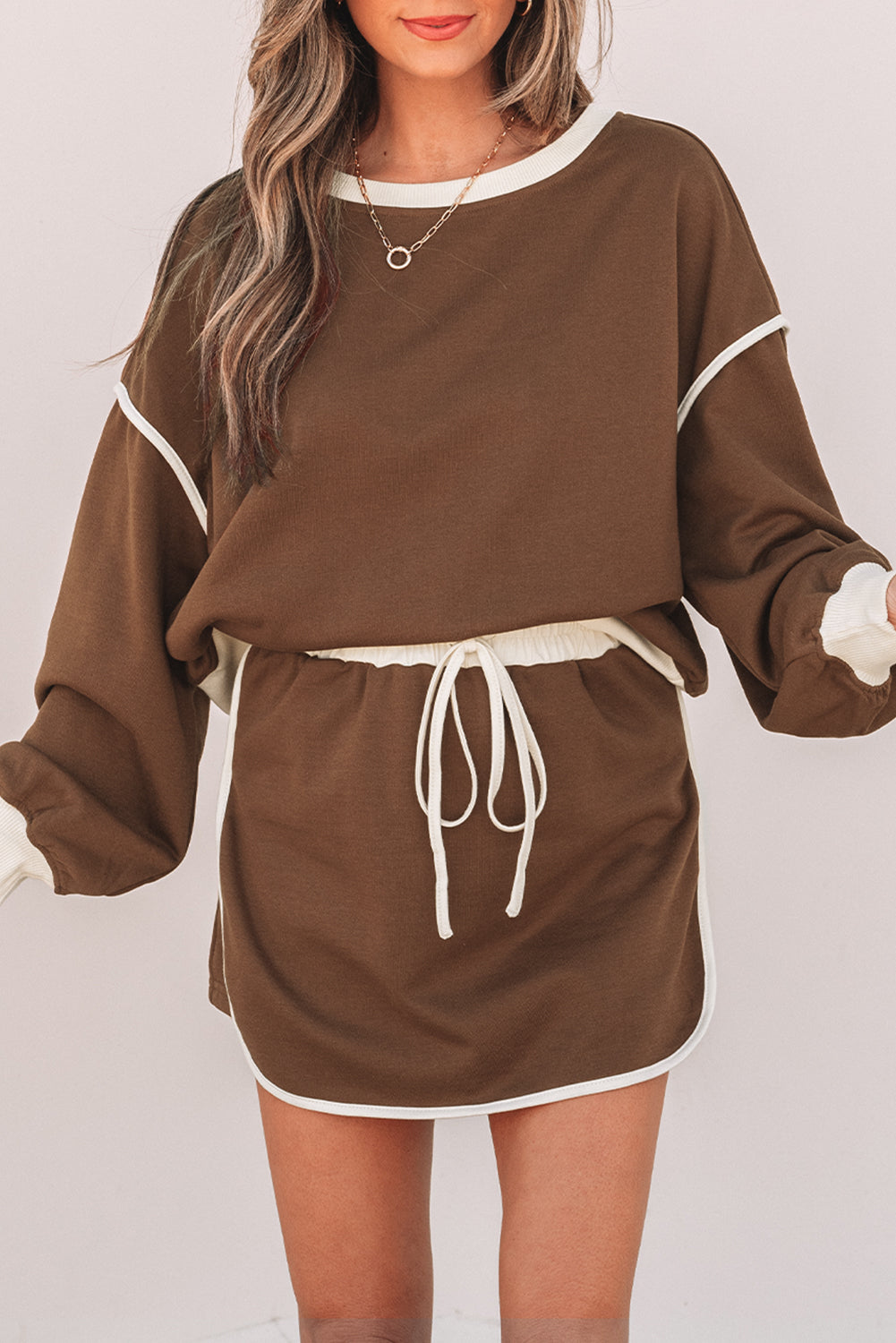 Coffee Color Contrast Loose Pullover and Lace-up Waist Skort Set 🇨🇳