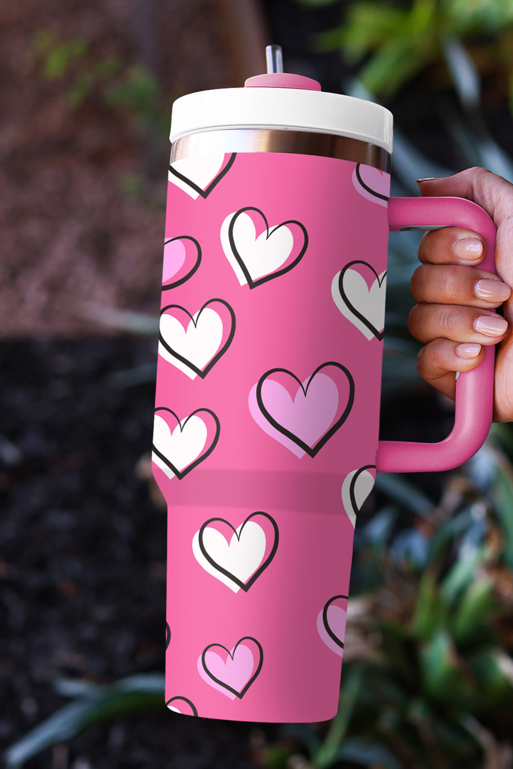 Rose Red Heart Printed Thermos Cup with Handle 40oz 🇺🇸