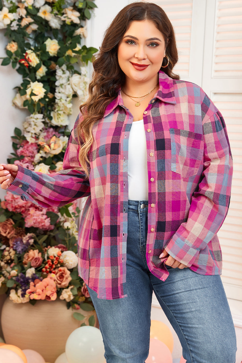 Rose Stripe Plus Size Checkered Print Button up Shirt 🇨🇳