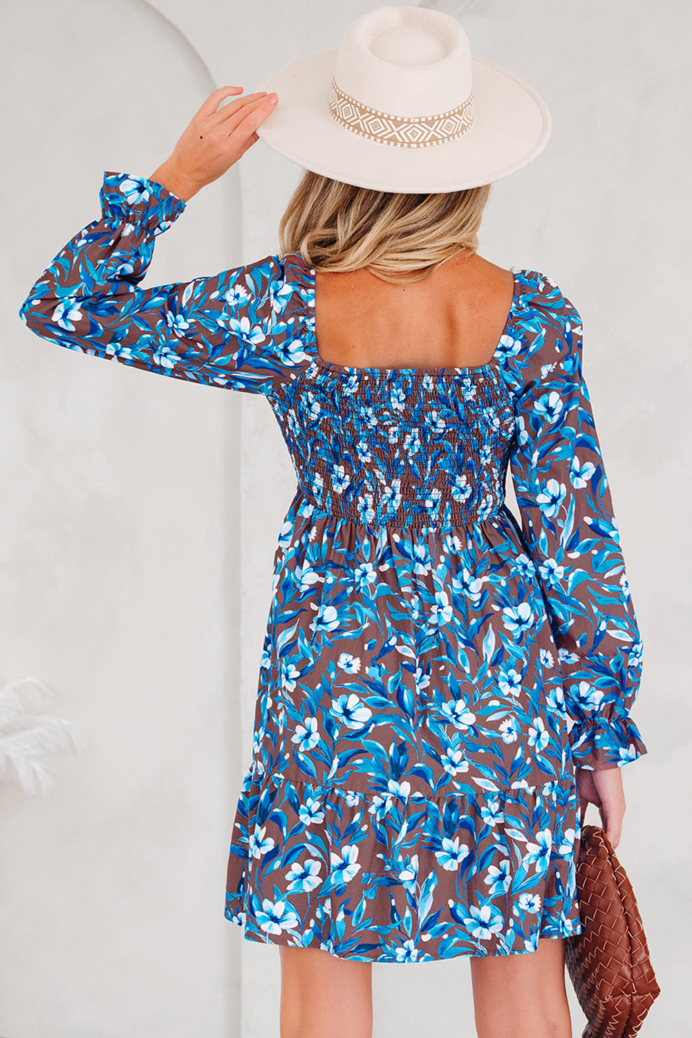 Blue Smocked Bodice High Waist Ruffled Sleeve Floral Dress 🇺🇸