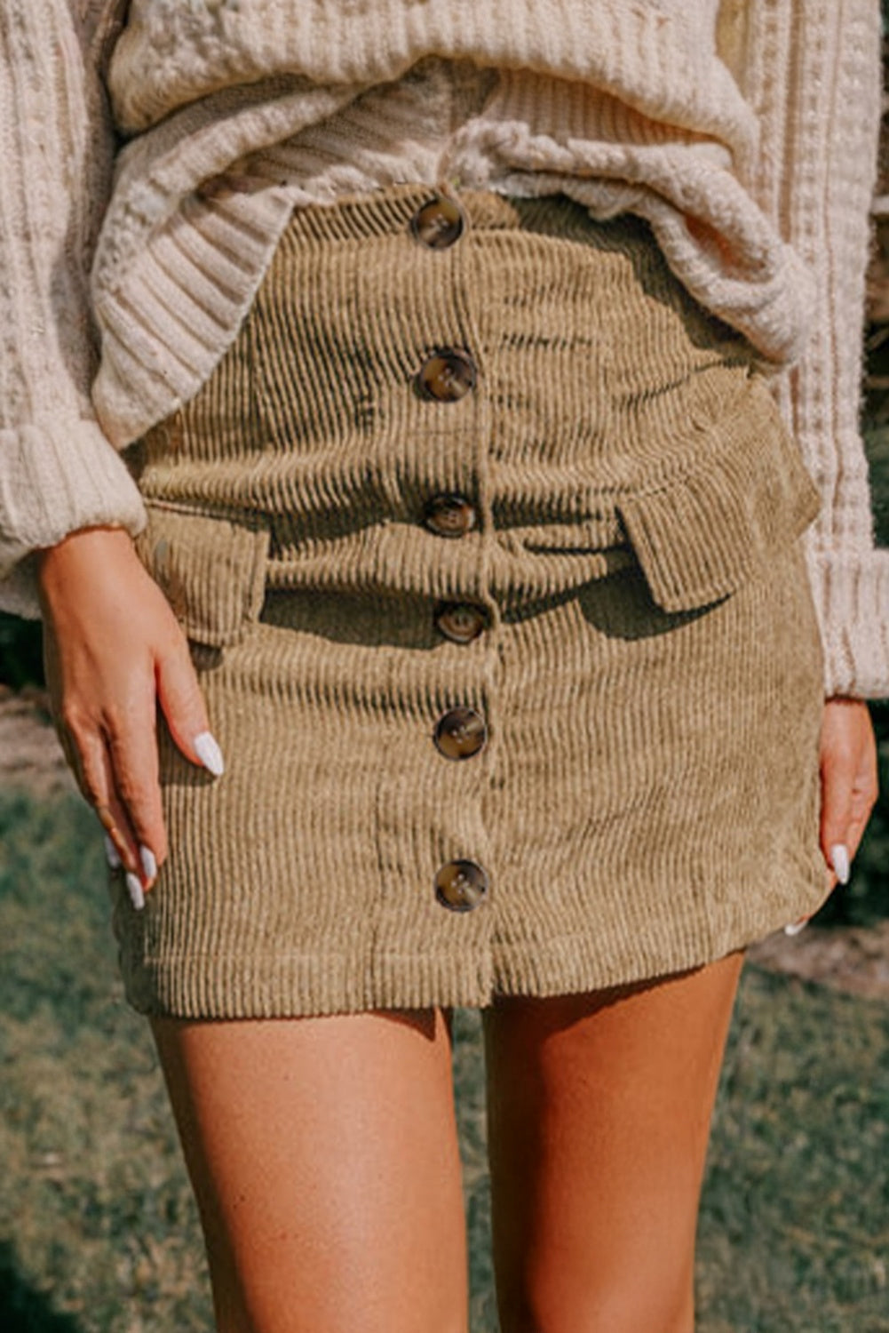 Camel Corduroy Buttoned Front Faux Pockets Mini Skirt 🇺🇸