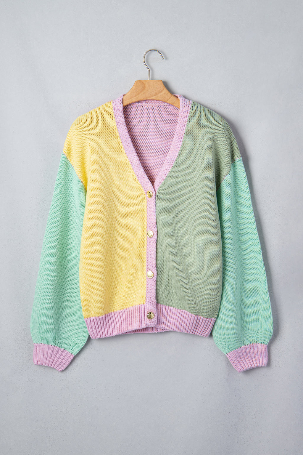 Yellow V Neck Drop Shoulder Patchwork Regular Wash Knitwear Cardigan 🇺🇸