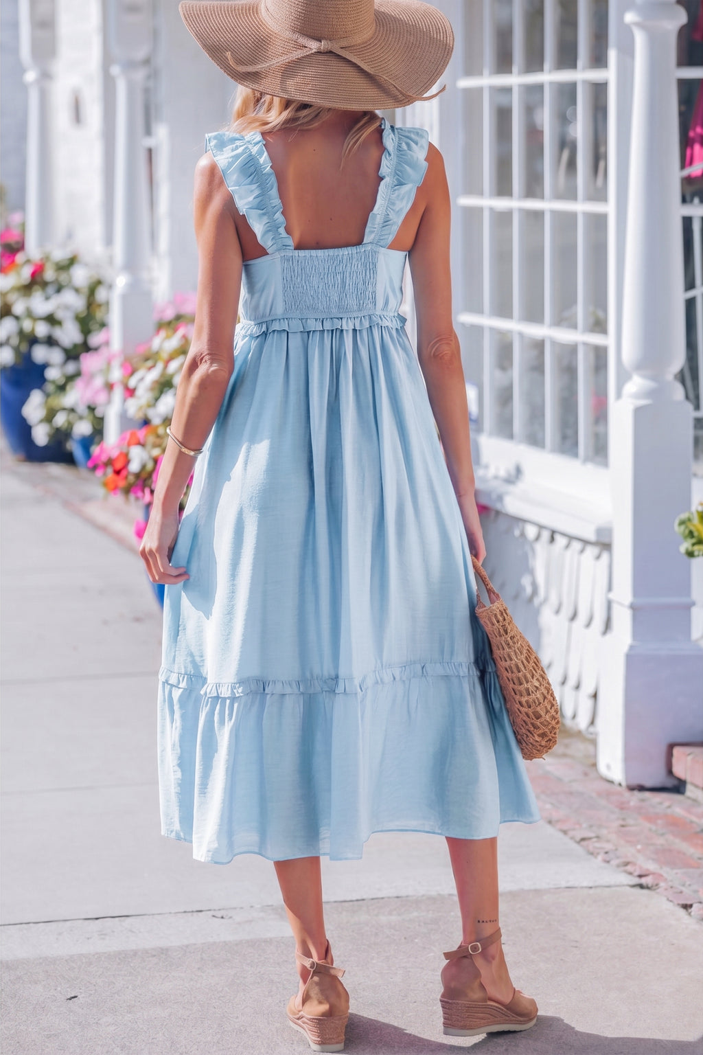 Beau Blue Solid Color Ruffle Trim High Waist Sleeveless Maxi Dress 🇺🇸