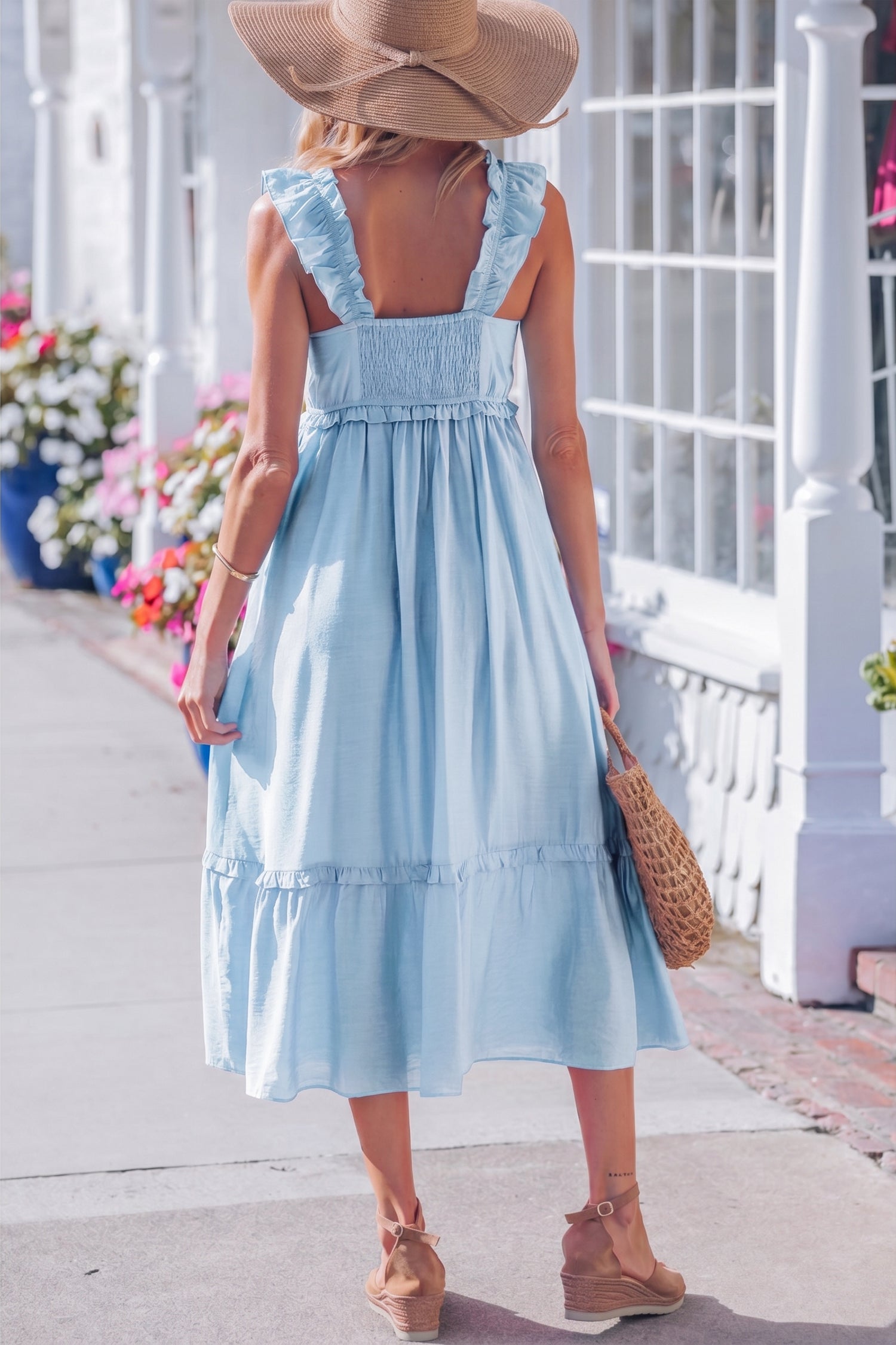 Beau Blue Solid Color Ruffle Trim High Waist Sleeveless Maxi Dress 🇺🇸