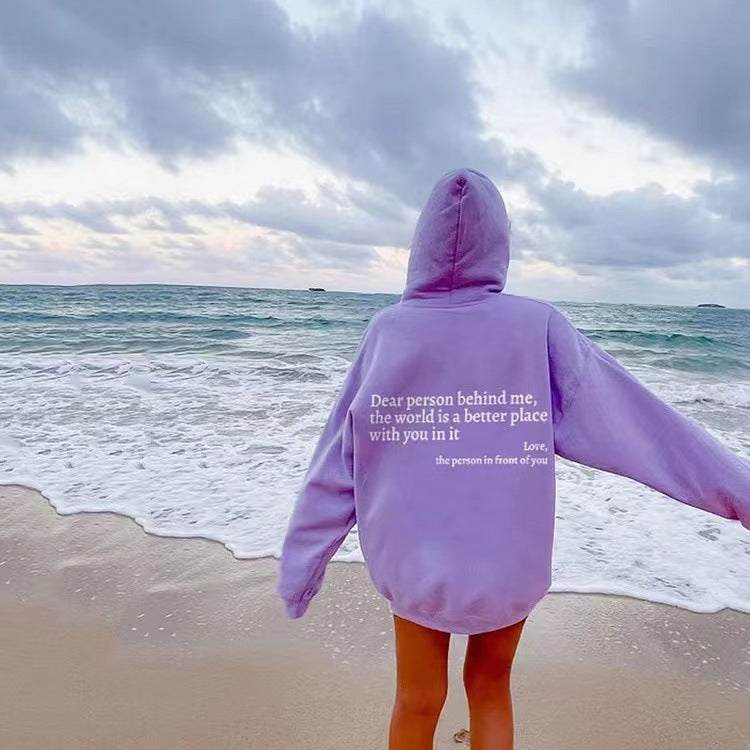 Dear Person Behind Me,the World Is A Better Place,with You In It,love,the Person In Front Of You,Women's Plush Letter Printed Kangaroo Pocket Drawstring Printed Hoodie Unisex Trendy Hoodies 🇨🇳