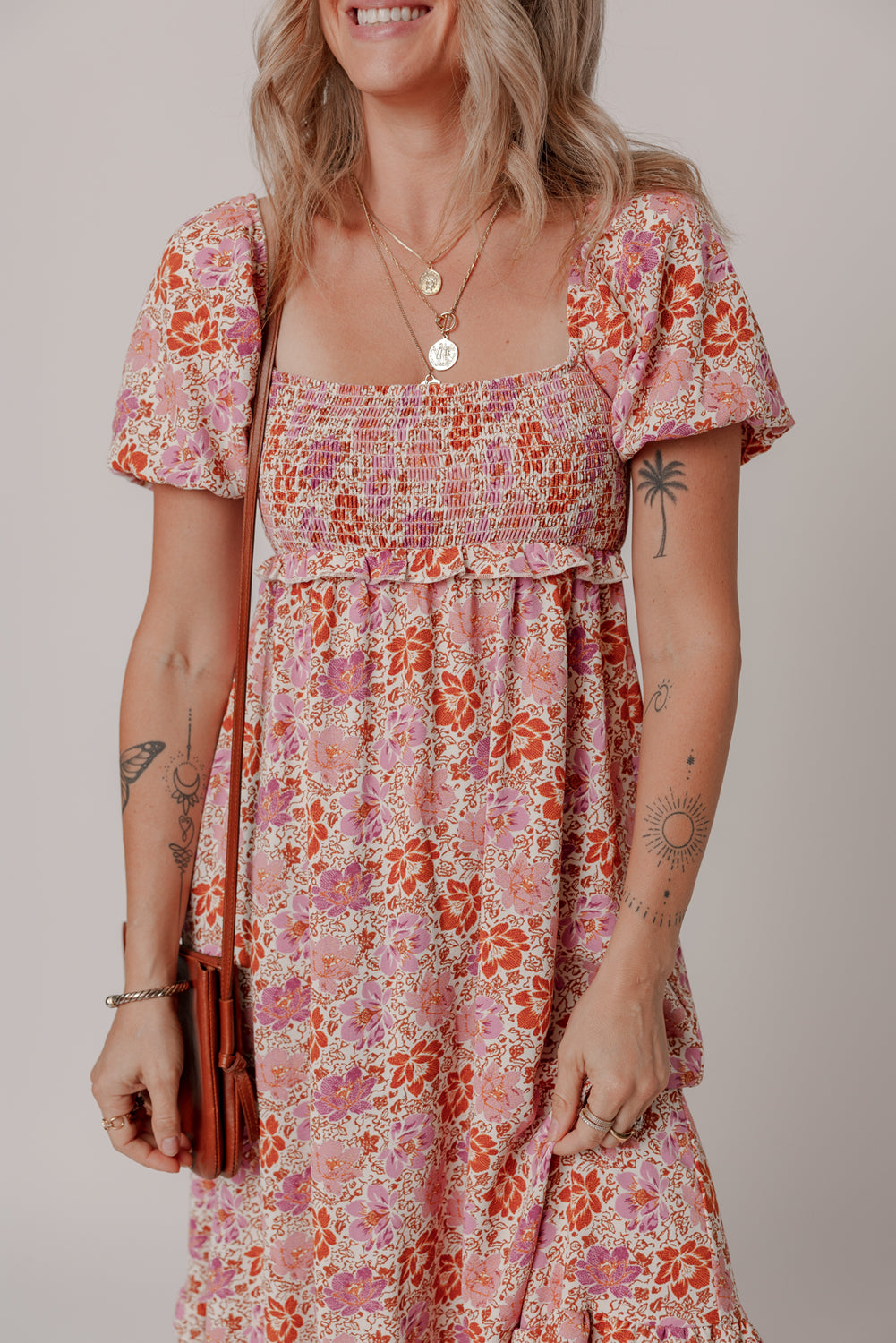 Pink Floral Square Neck Knotted Ruffle Midi Dress 🇨🇳