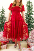 Fiery Red Tiered Tulle Smocked Bodice Puff Sleeve Dress 🇺🇸