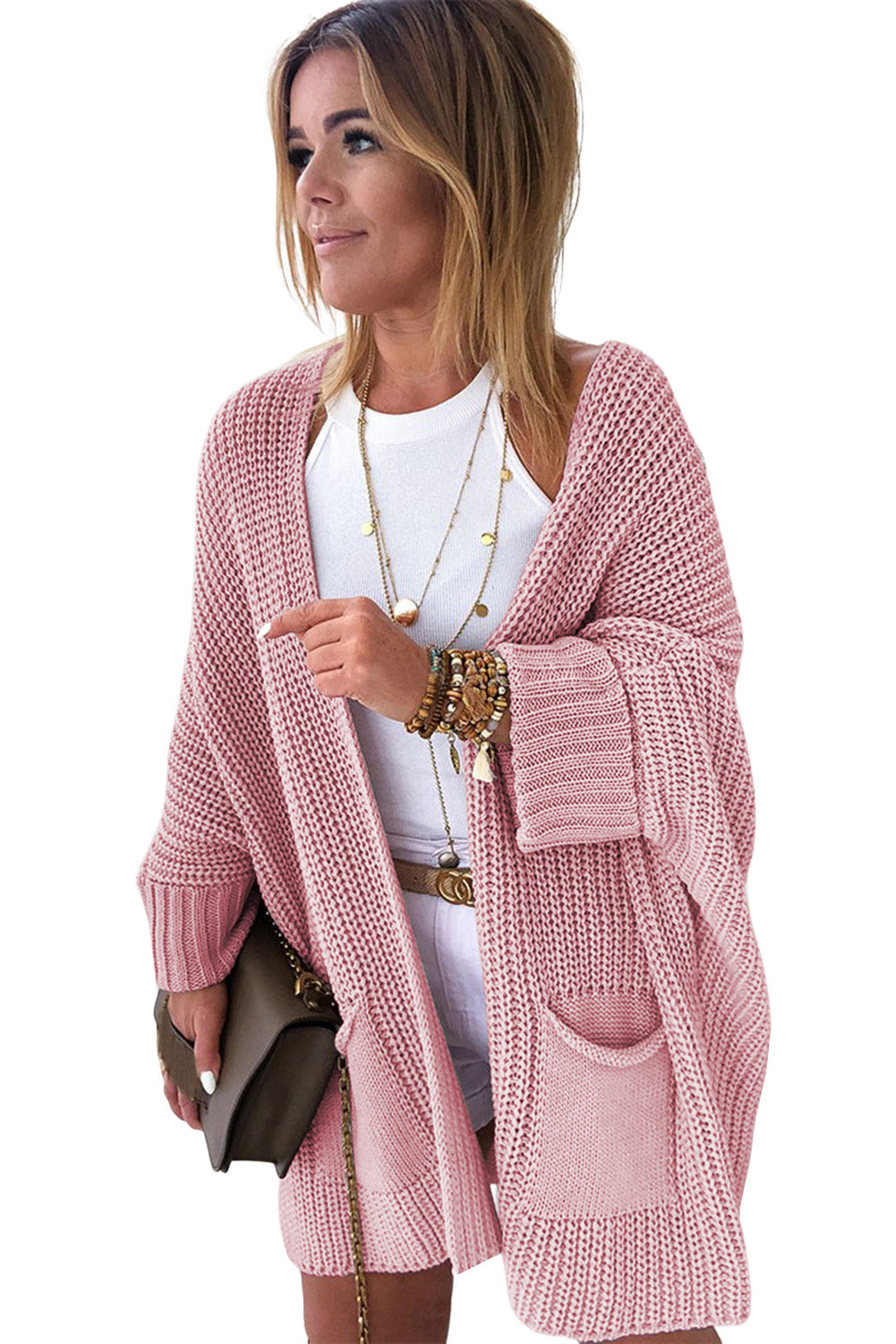 Pink Oversized Fold Over Sleeve Open Front Cardigan 🇺🇸