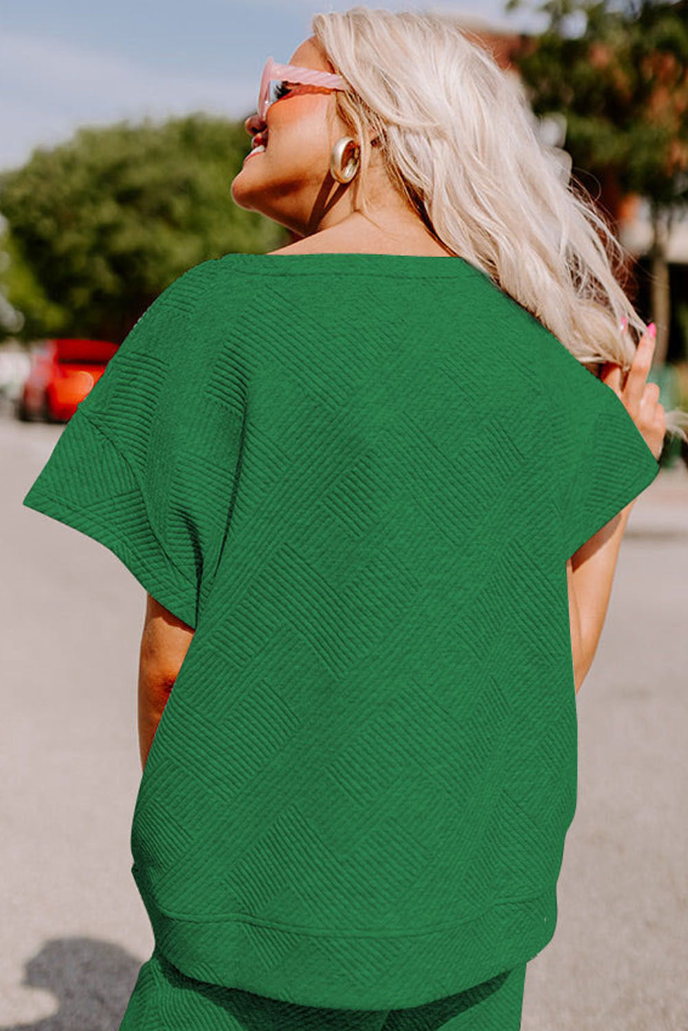 Dark Green Textured Loose Fit T Shirt and Drawstring Pants Set 🇨🇳