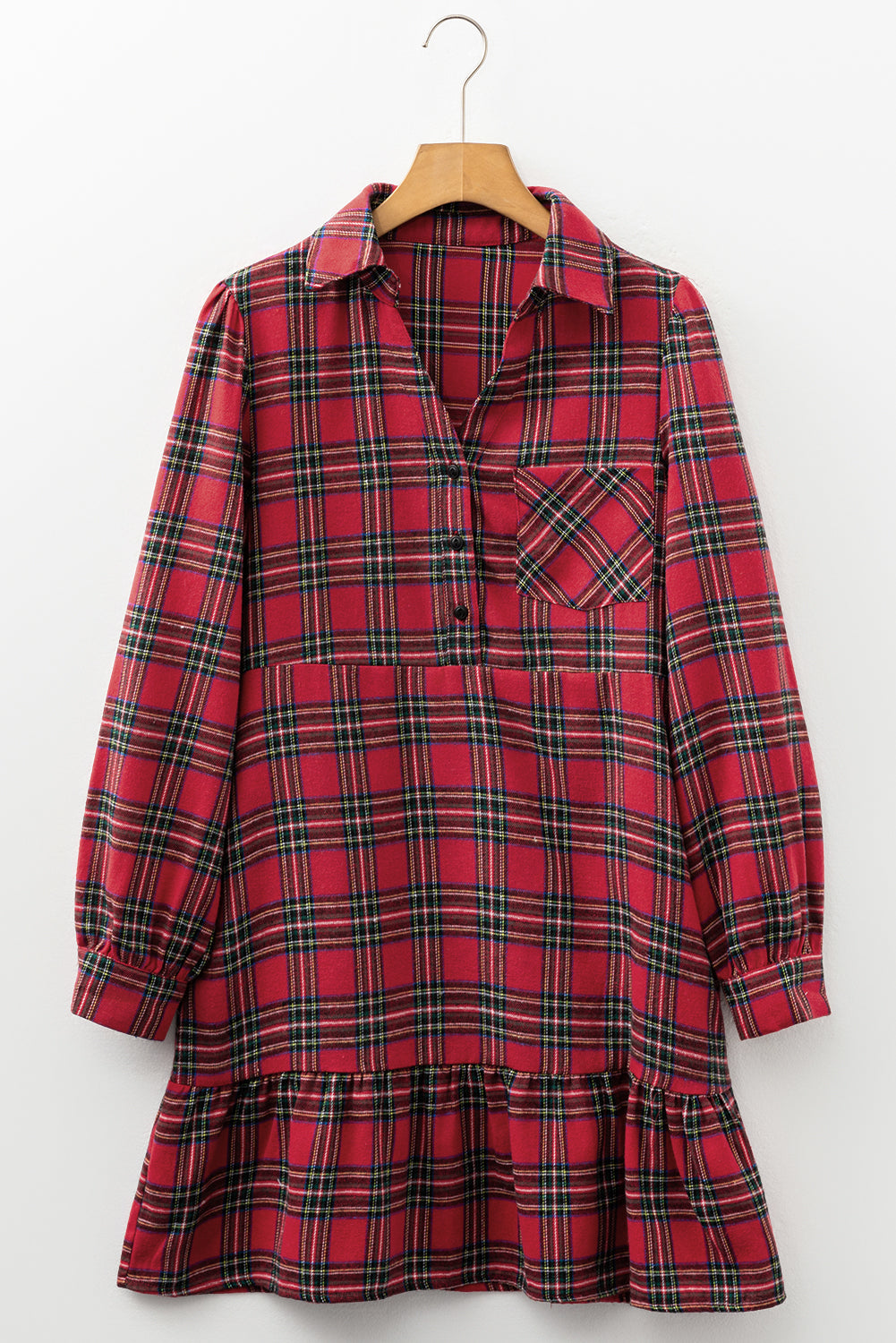 Red Plaid Shirt Collar Half Button Ruffle Hem Long Sleeve Mini Dress 🇺🇸