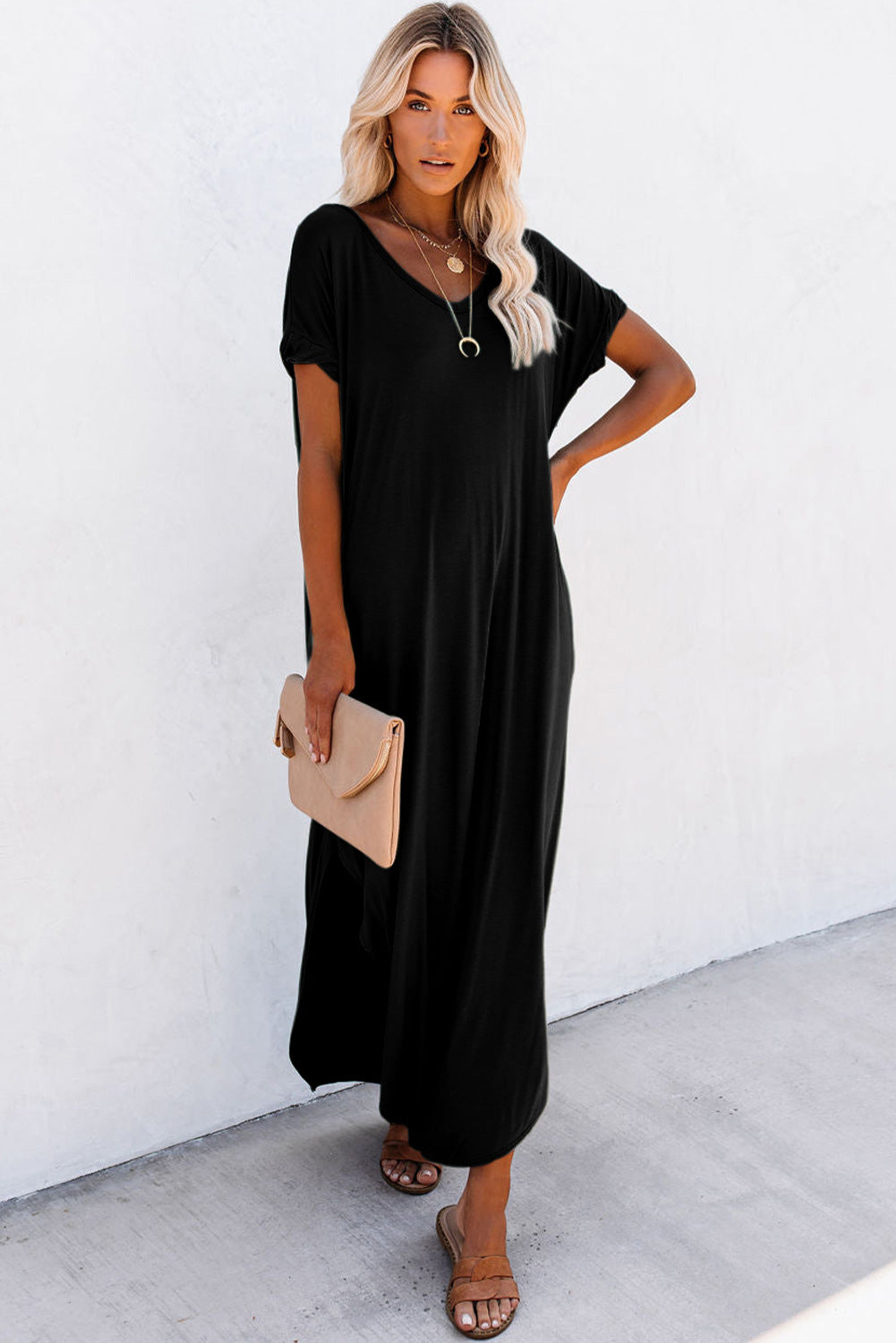 Black V Neck Hidden Pocket Splits Maxi T-shirt Dress 🇨🇳