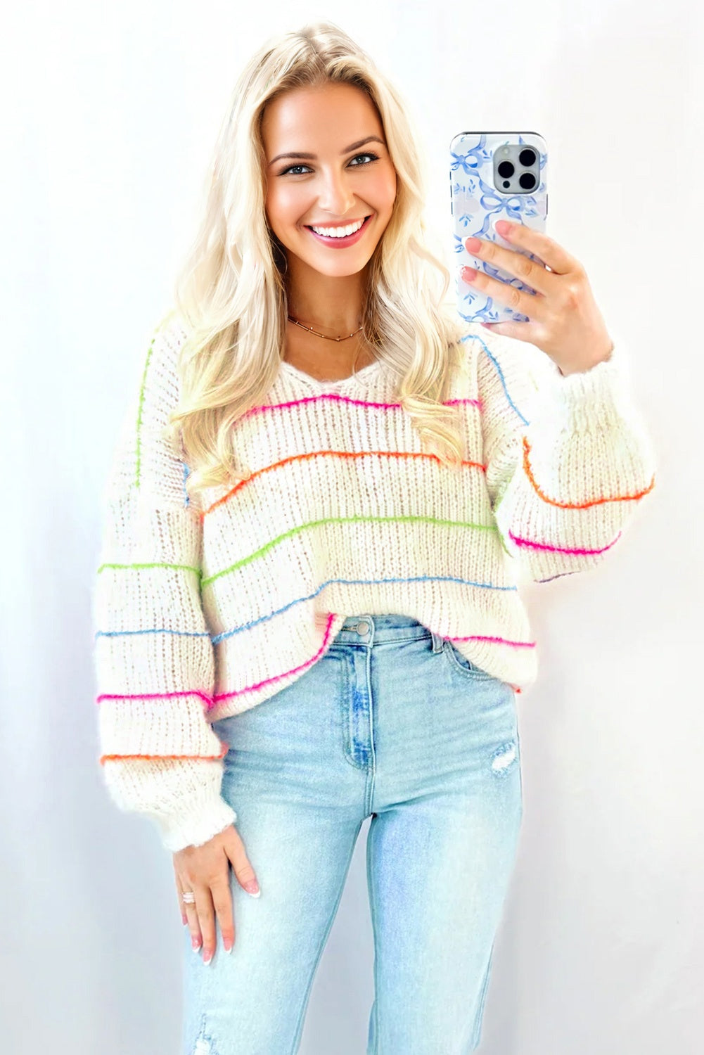 White Colorful Striped Detail V Neck Drop Shoulder Baggy Sweater 🇺🇸