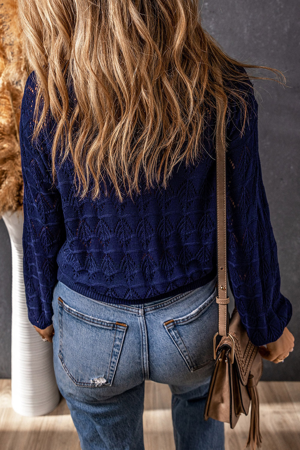 Blue Lightweight Buttoned Front Crochet Cardigan 🇨🇳