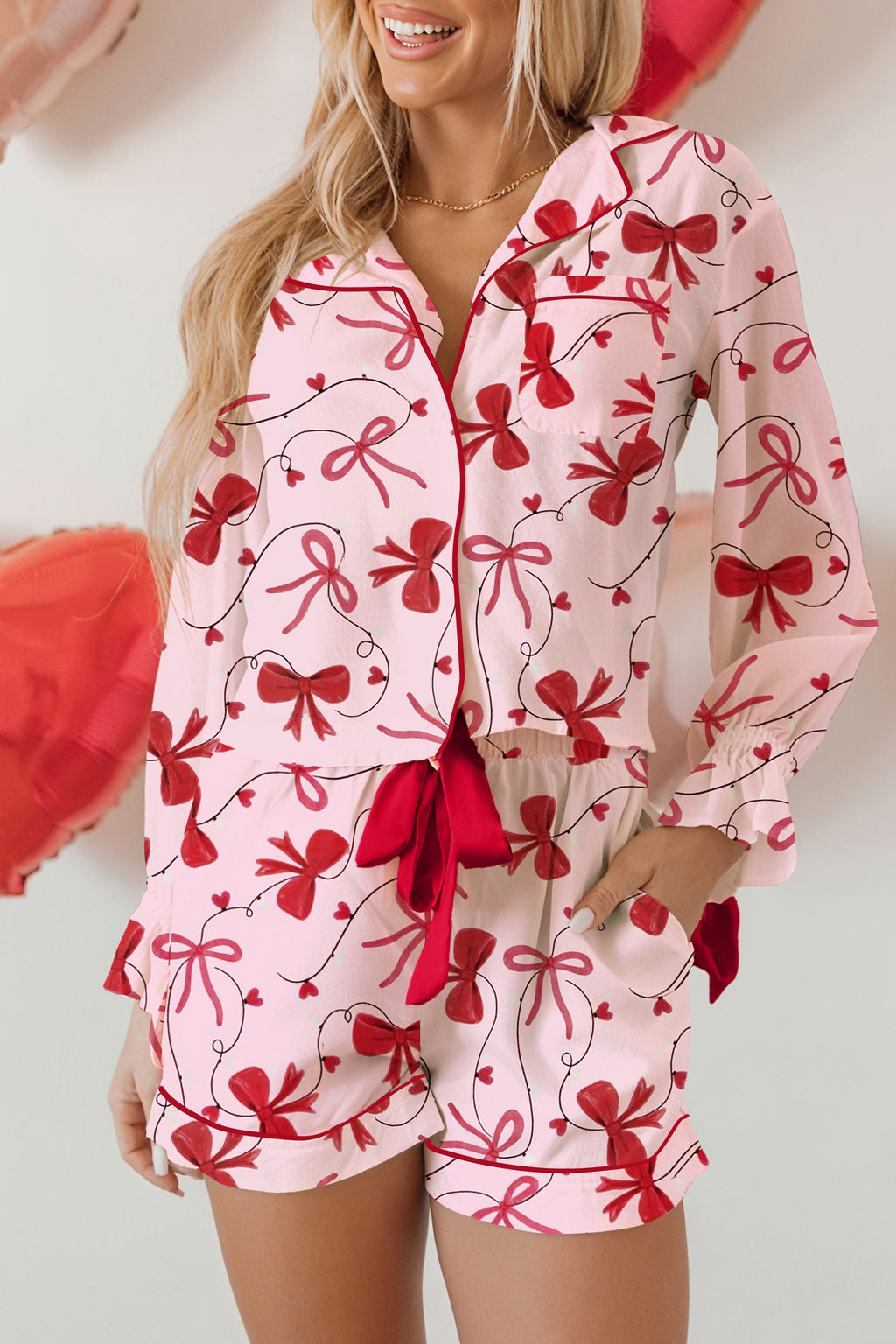 Red Bow Print Long Sleeve Shirt Shorts 2 Pcs Pajama Set 🇺🇸