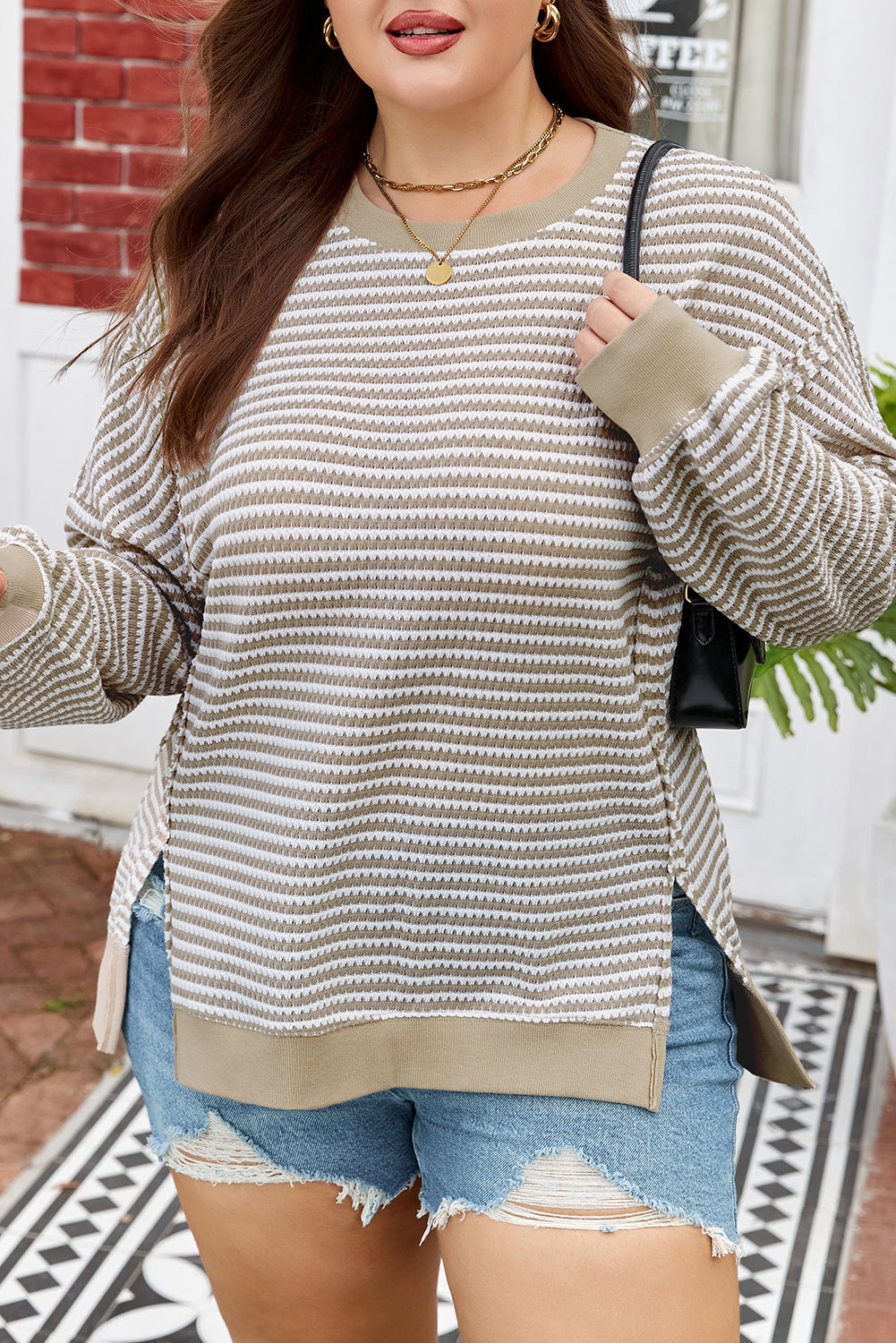 Brown Stripe Plus Size Breathable Knit Ribbed Trim Long Sleeve Top 🇺🇸