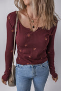 Burgundy Notched Neck Floral Print Ribbed Long Sleeve Top 🇺🇲