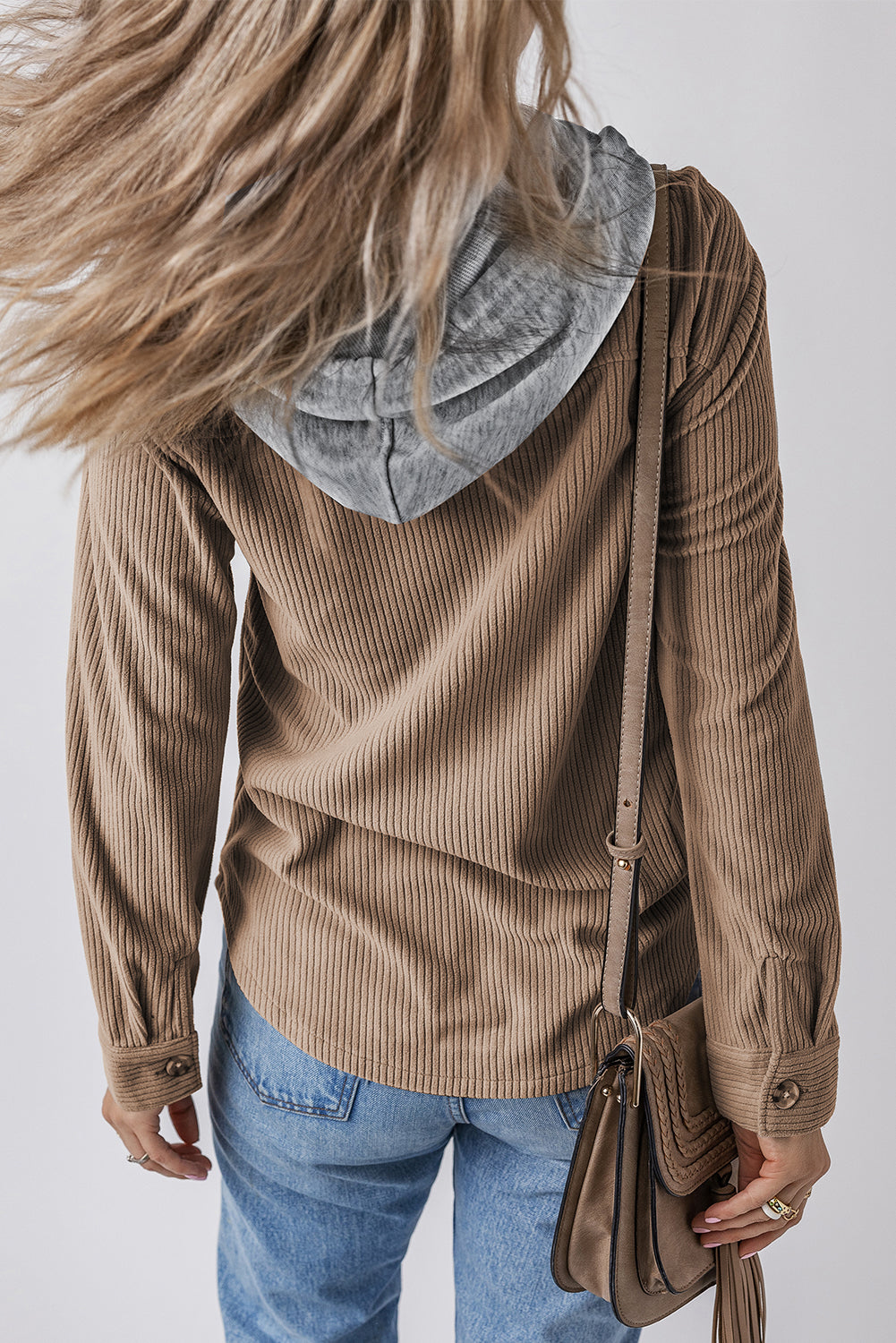 Pale Khaki Hooded Drawstring Pockets Corduroy Shacket 🇺🇸