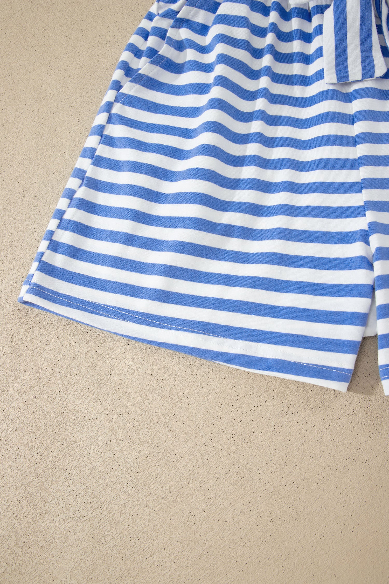 Sky Blue Stripe Contrast Trim Crew Neck Tee Knot Shorts 2pcs Set 🇺🇸