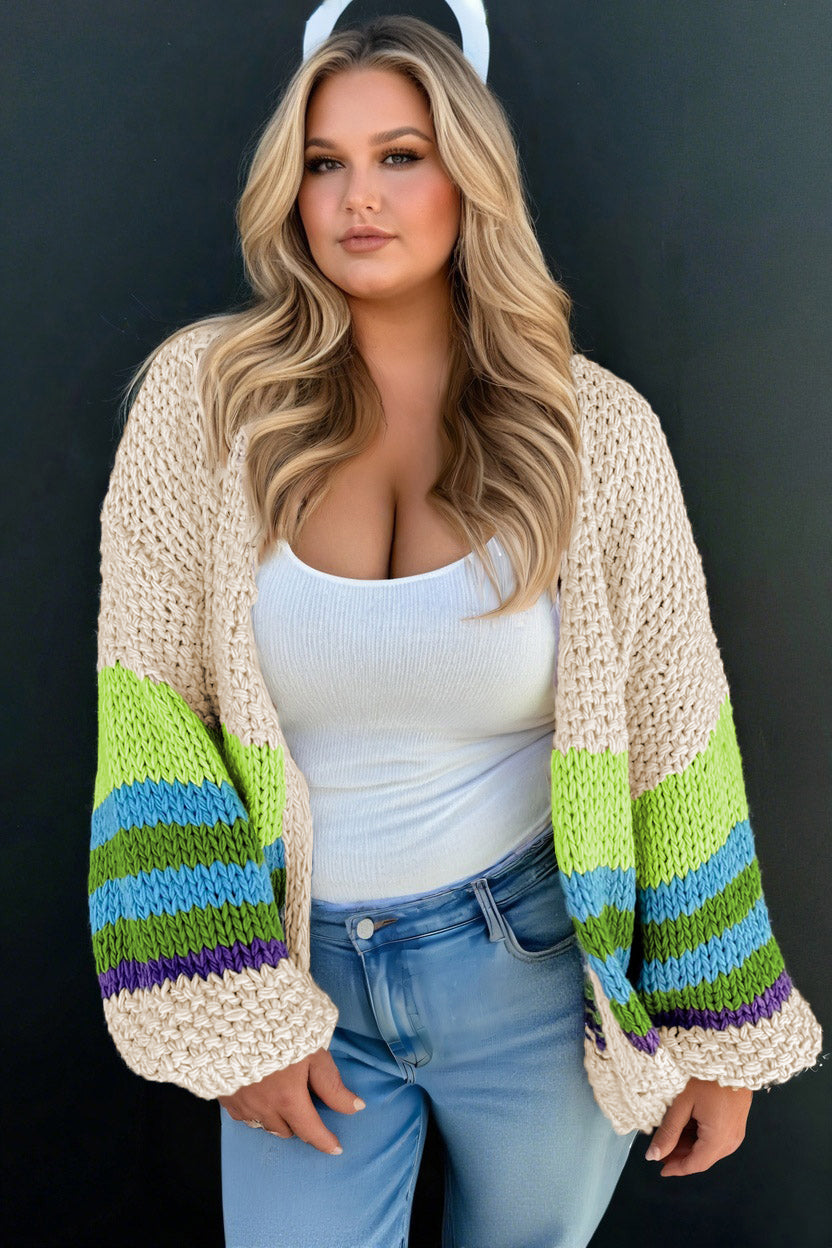 Parchment Color Block Crochet Open Front Plus Size Cardigan 🇺🇸