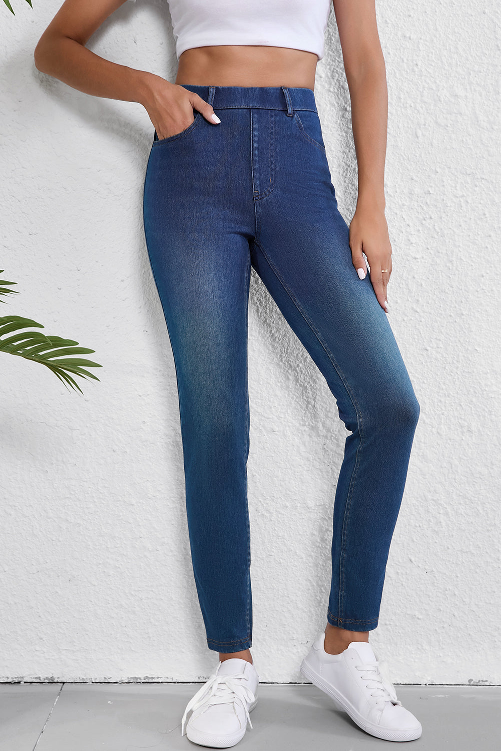 Ashleigh Blue Multiple Pockets Straight Leg Washed Stretchy Knit Casual Jeans 🇨🇳