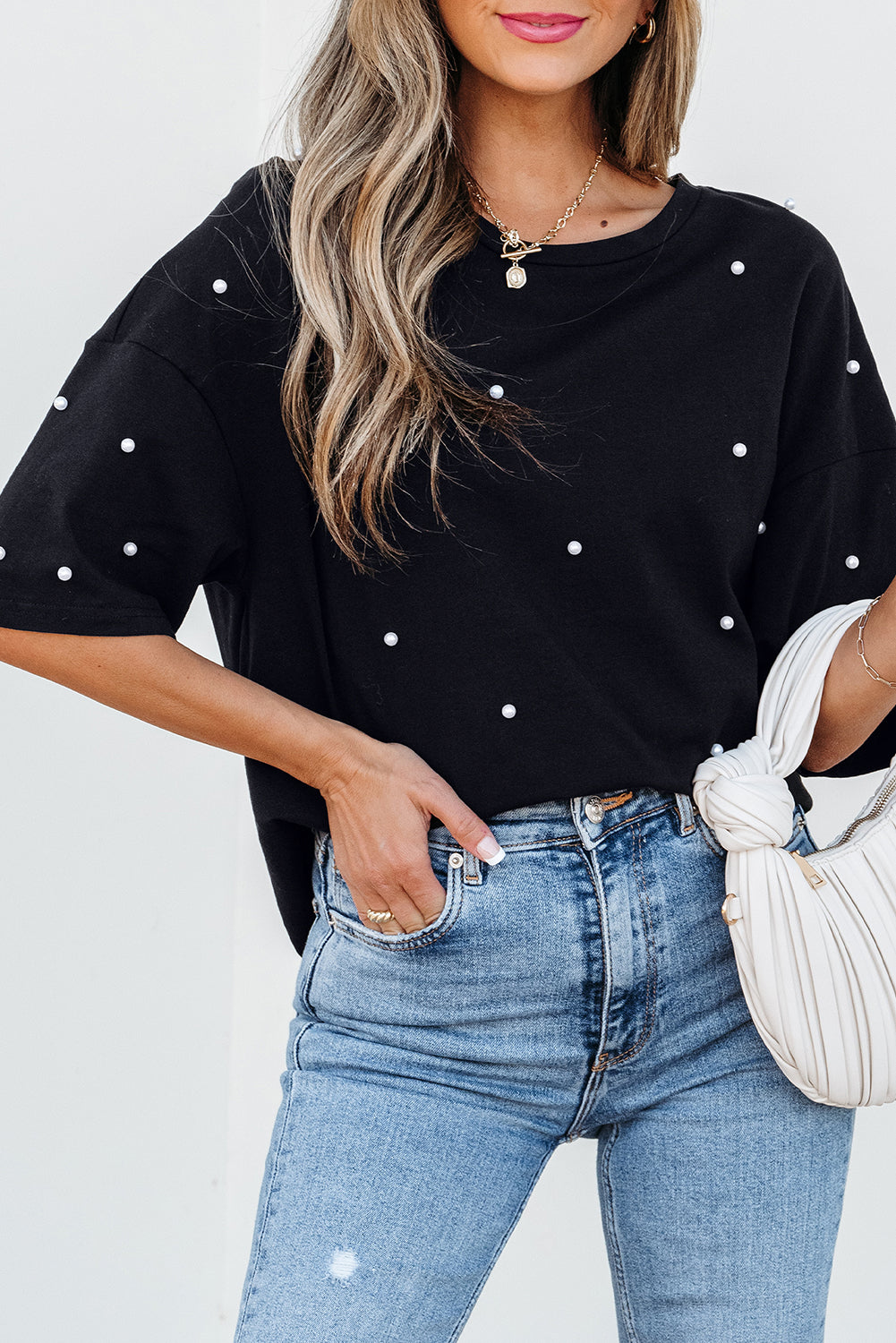 Black Pearl Beaded Drop Shoulder Crewneck T Shirt 🇨🇳