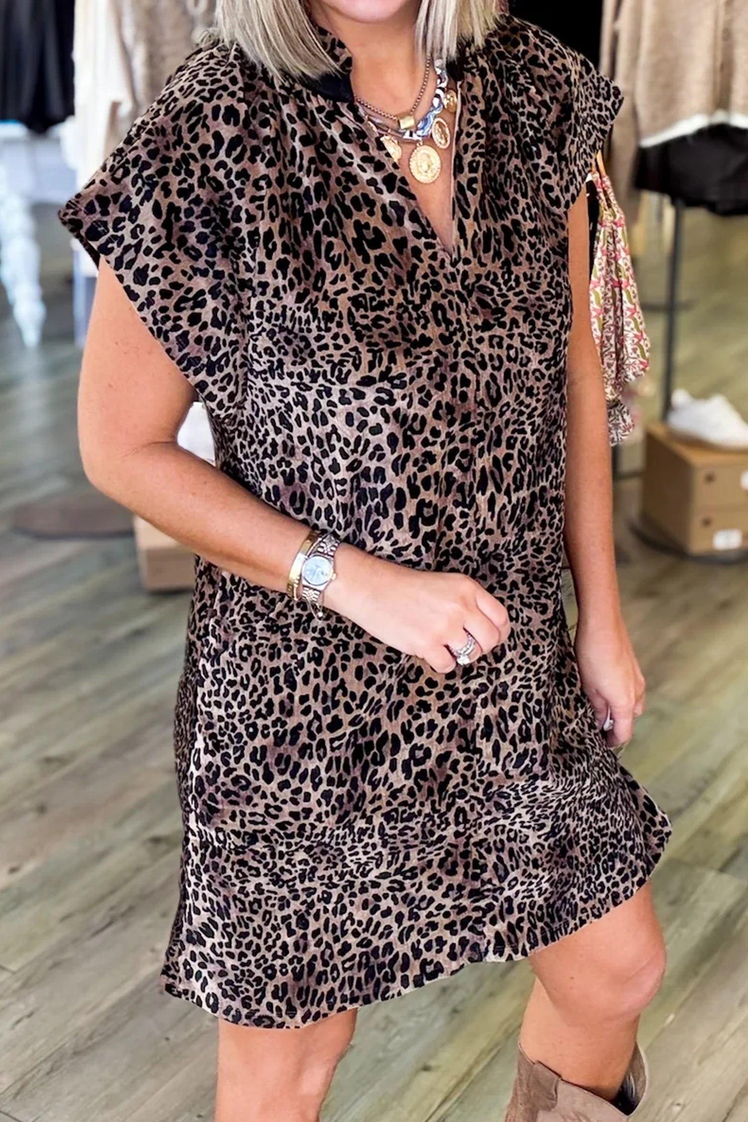 Brown Leopard Print Short Sleeve Mini Shift Silhouette Dress 🇺🇸