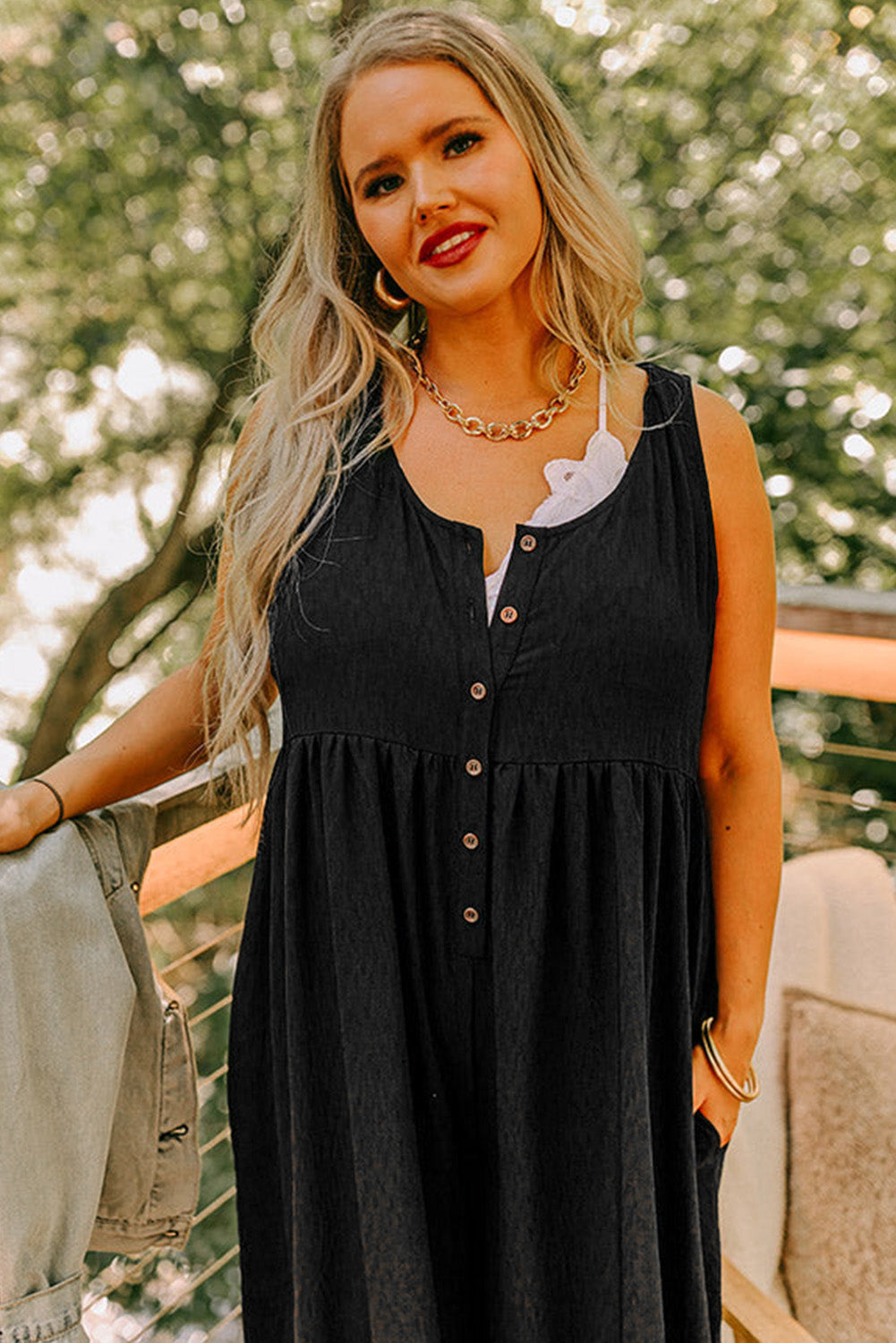 Black Plus Size Sleeveless Button Front Loose Jumpsuit 🇺🇲